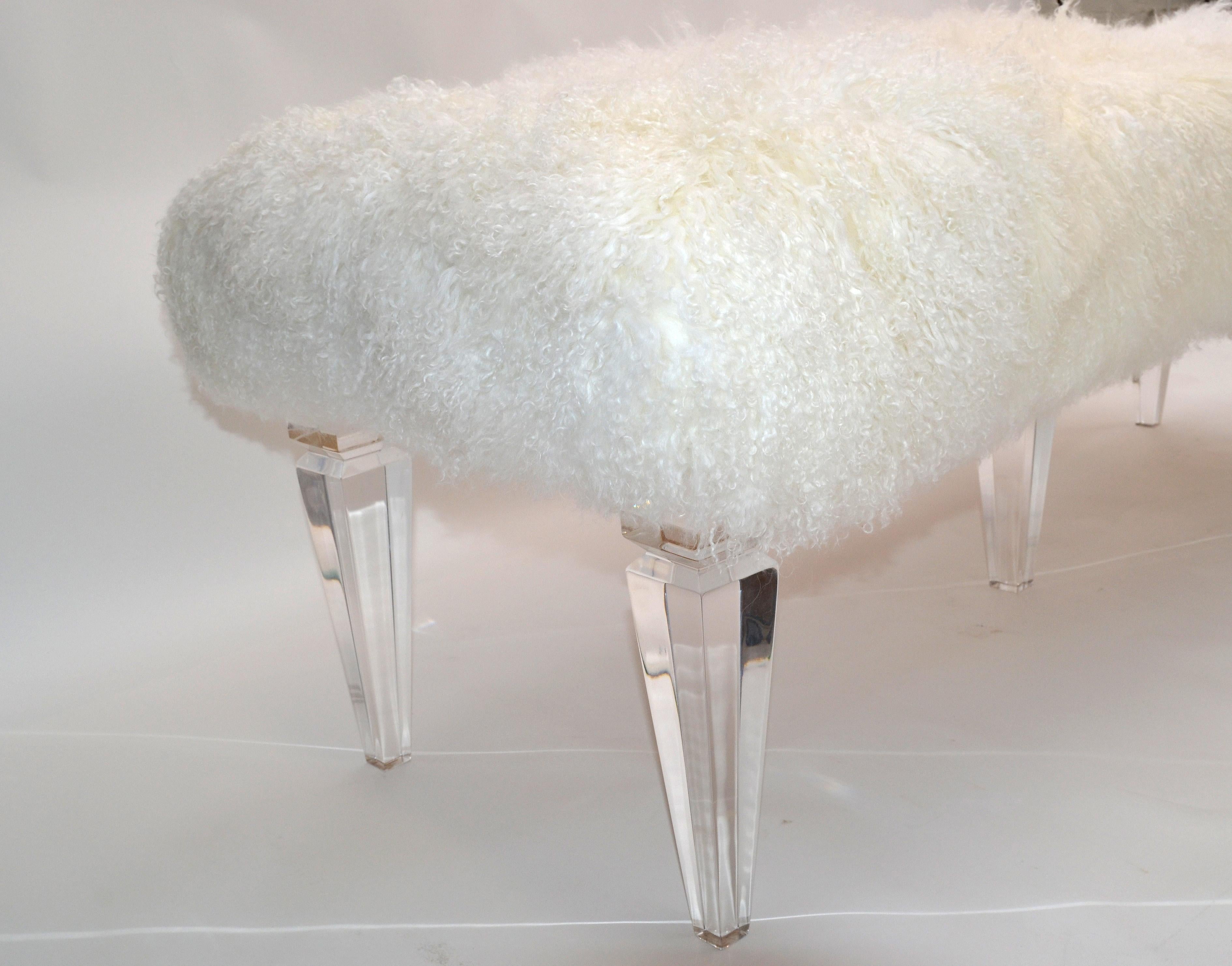 Tibetan Sheepskin Bench on 5 Lucite Legs In New Condition For Sale In Miami, FL