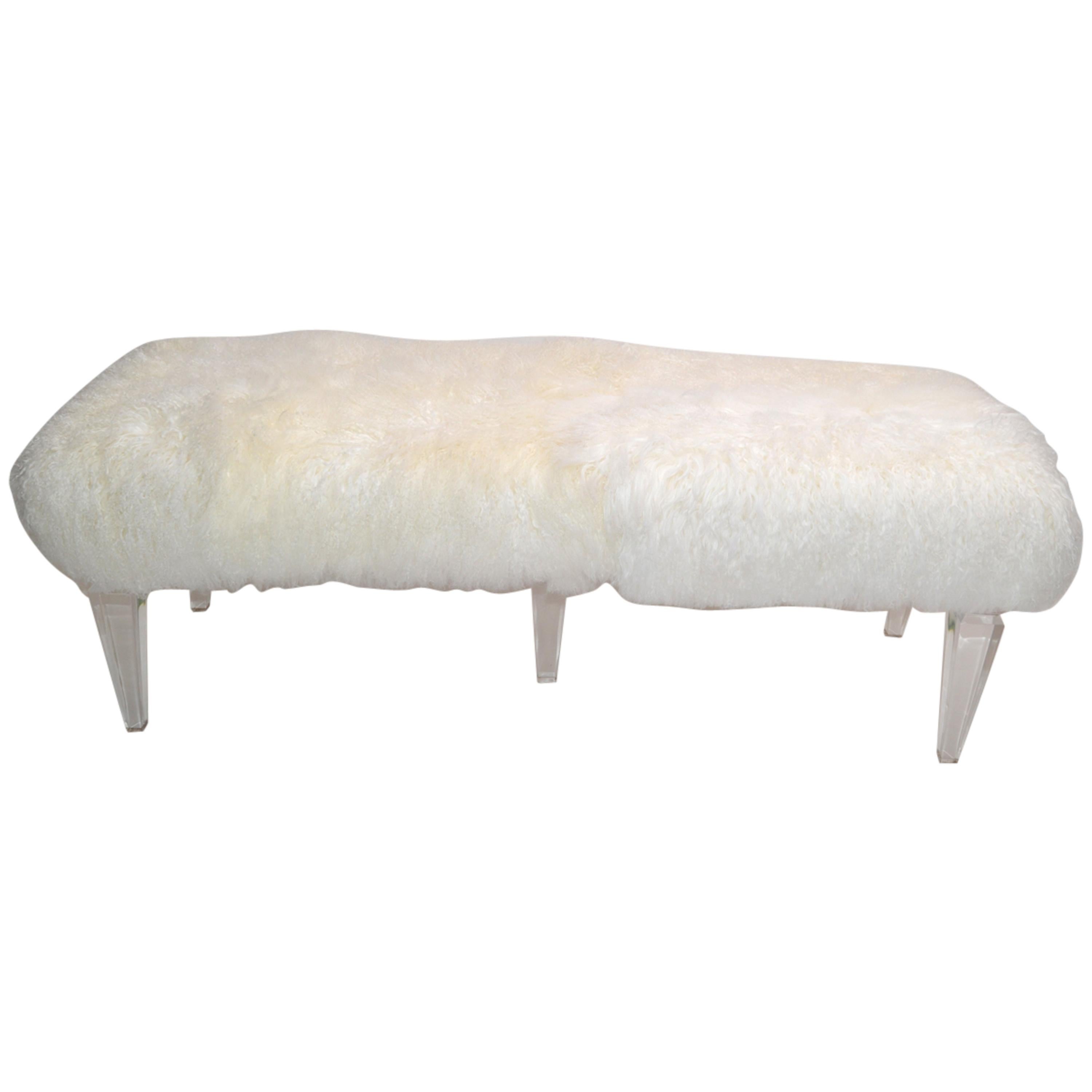 Tibetan Sheepskin Bench on 5 Lucite Legs For Sale