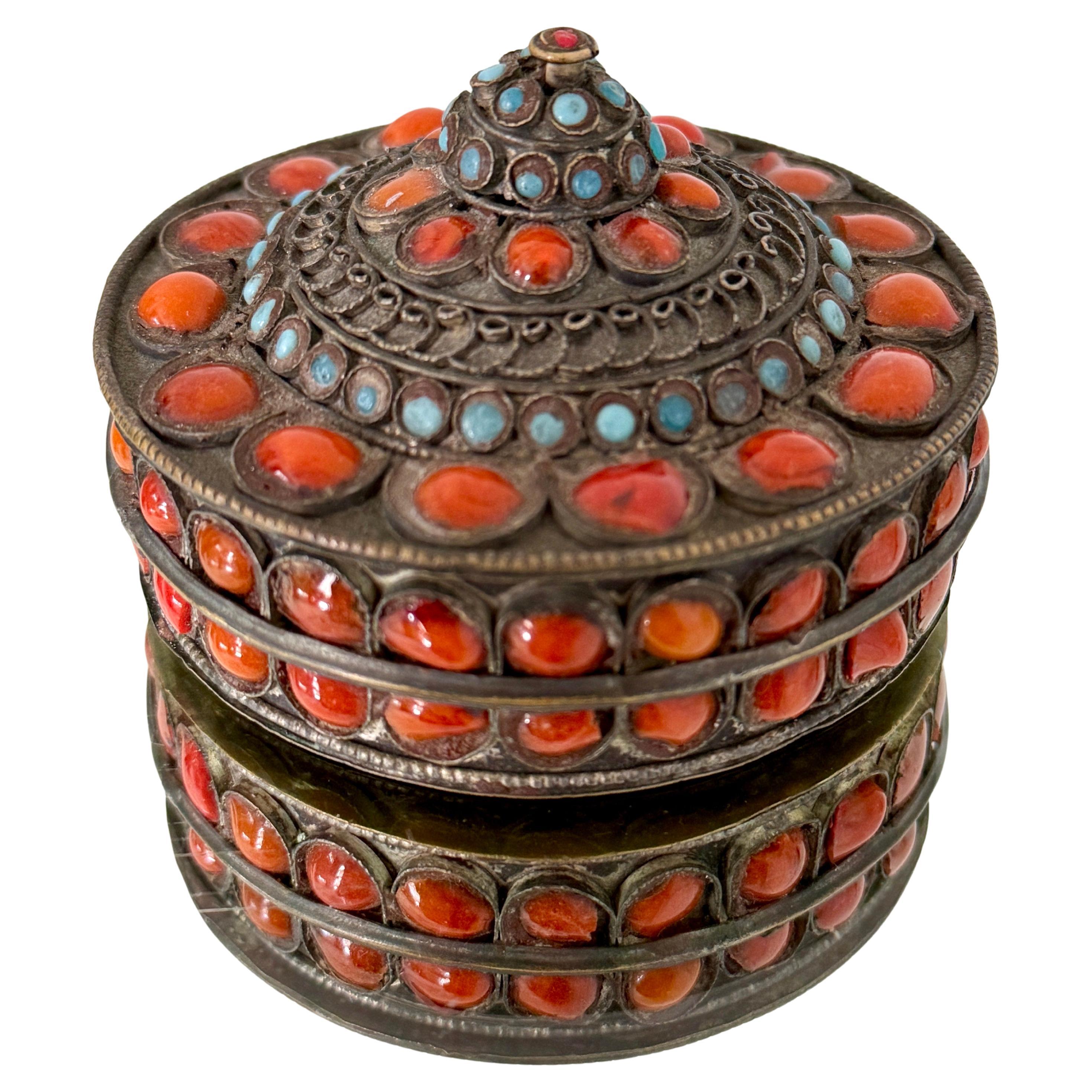 Tibetan Silver Filigree Box with Turquoise and Coral Inlays, c. 1950's