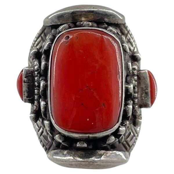 Tibetan Silver Ring with Coral, Adjustable For Sale