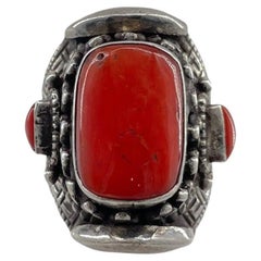 Tibetan Silver Ring with Coral, Adjustable