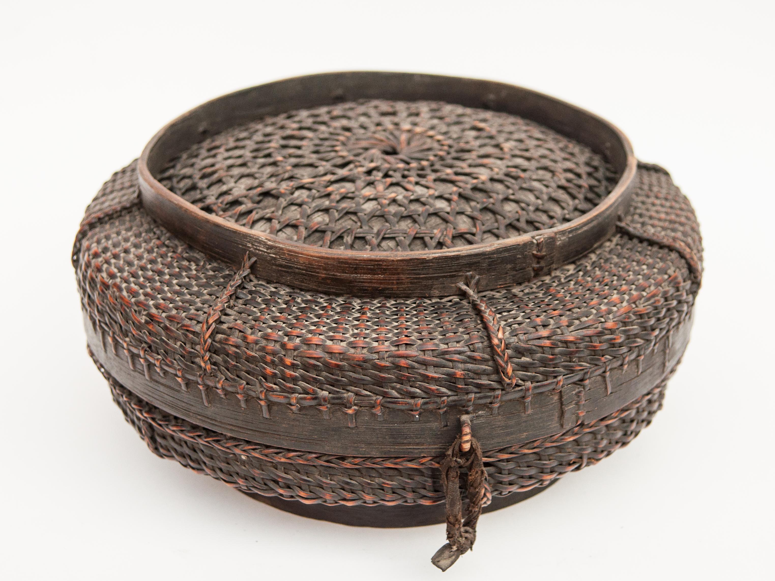 Hand-Crafted Tibetan Style Tribal Food Basket with Lid from Tibet or Bhutan, Mid-20th Century