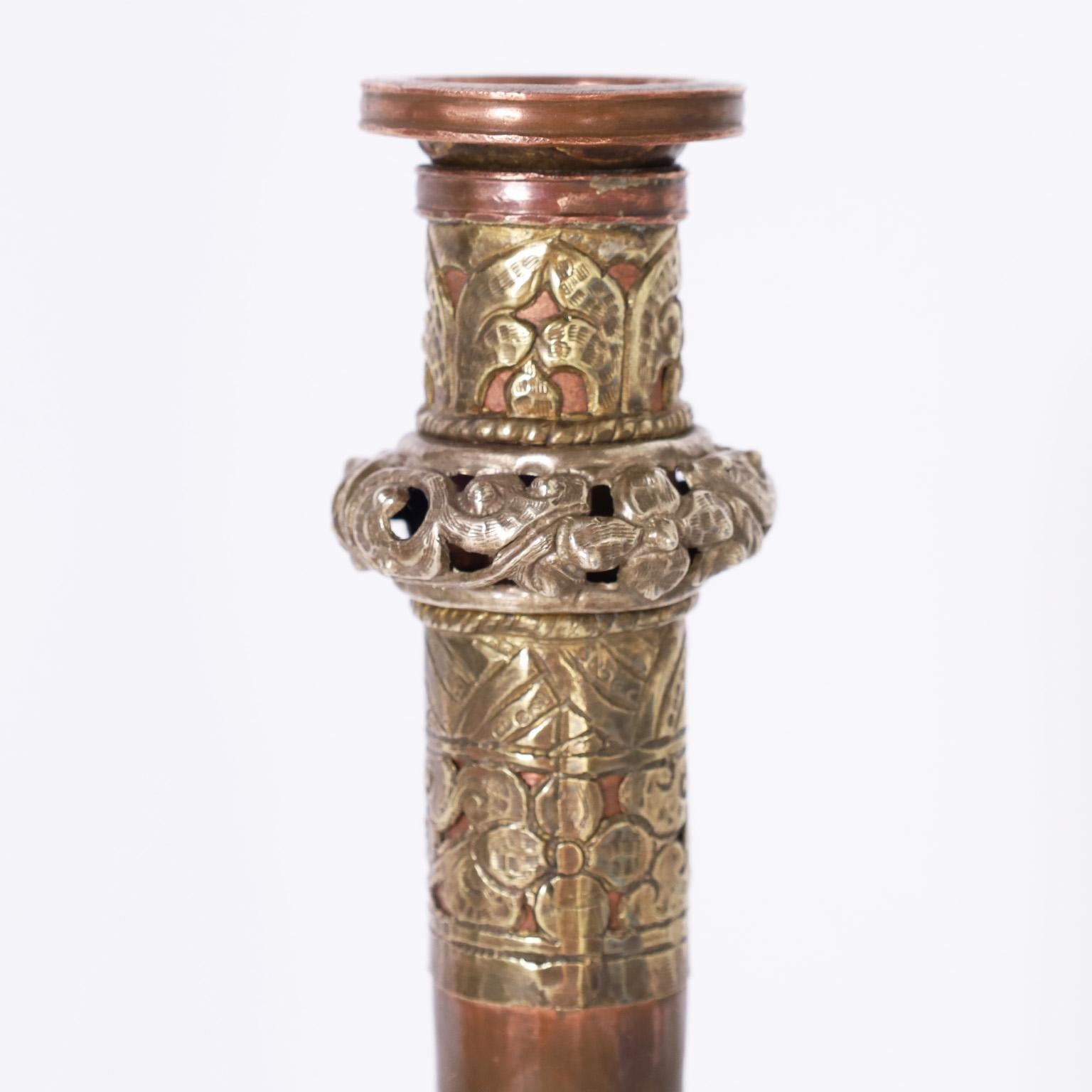 Lofty Tibetan Dungchen ceremonial long horn crafted with copper and brass in a dramatic telescoping sculptural form. 

Retracted height: 25