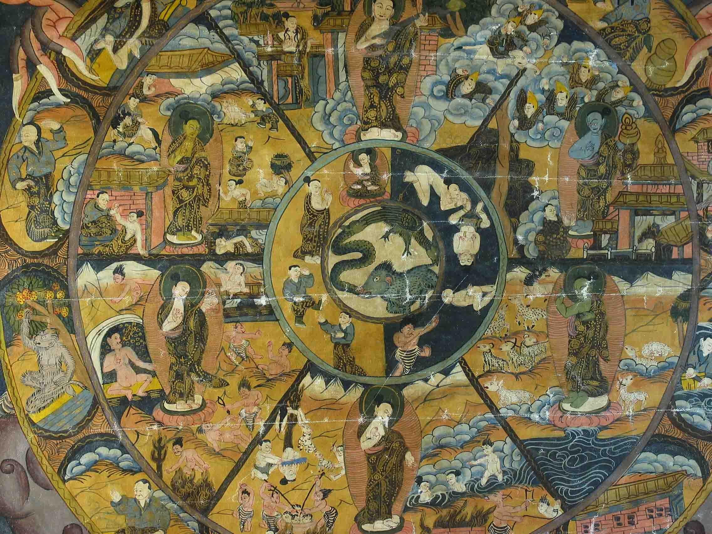 Esportazione cinese Thangka tibetano raffigurante il Bhavacakra, inizio XX secolo in vendita