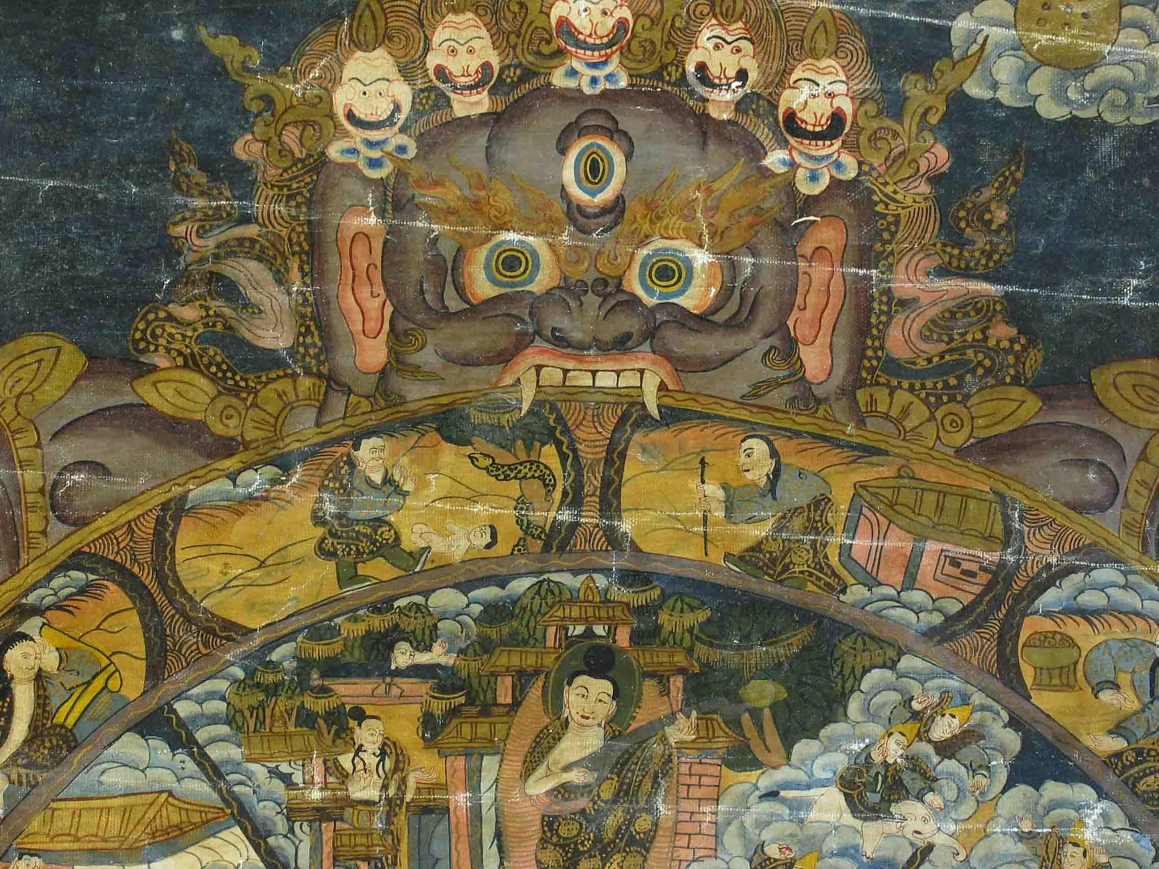 Cinese Thangka tibetano raffigurante il Bhavacakra, inizio XX secolo in vendita