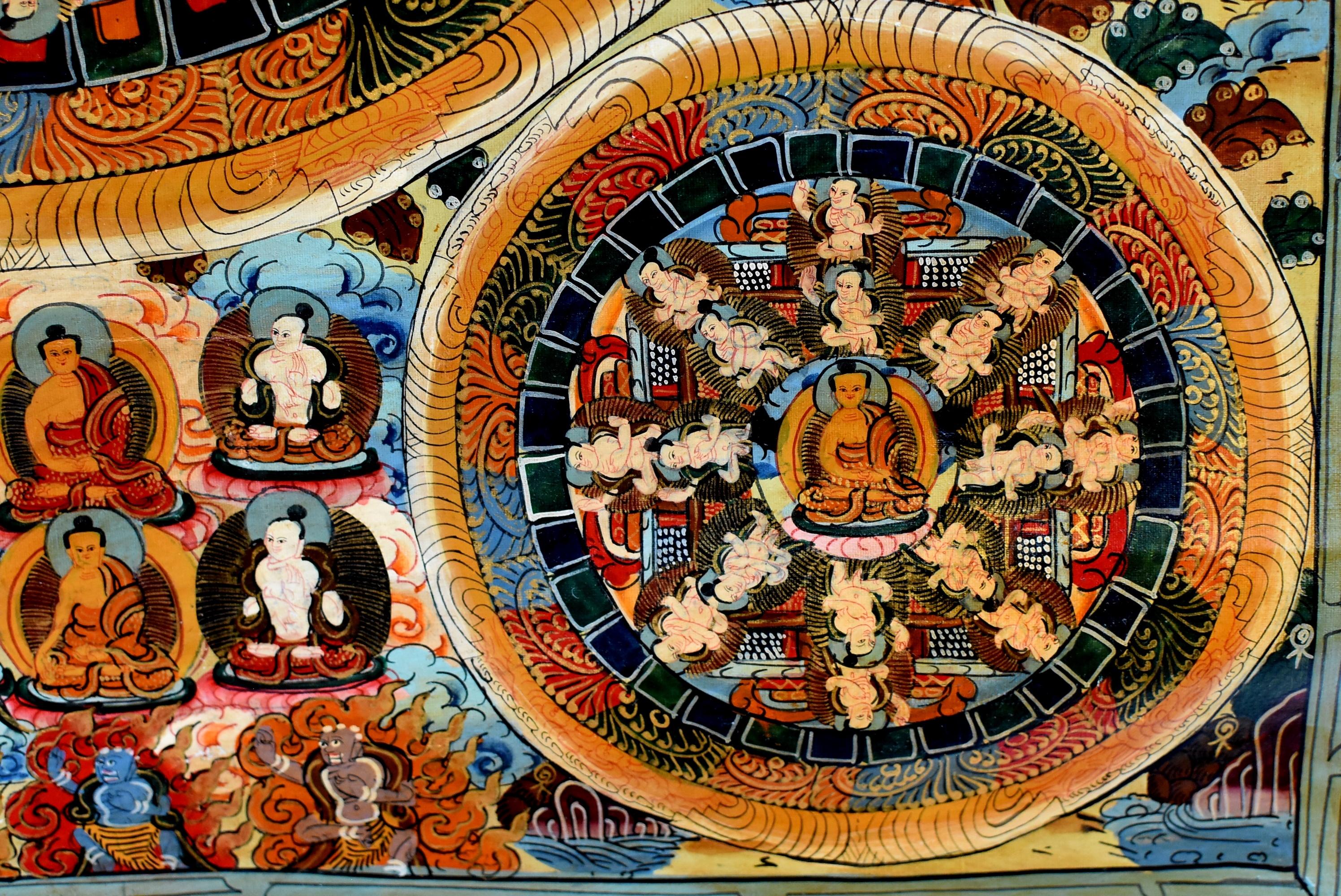 Tibetan Thangka Life of Buddha, Hand Painted Tanka In Good Condition In Somis, CA