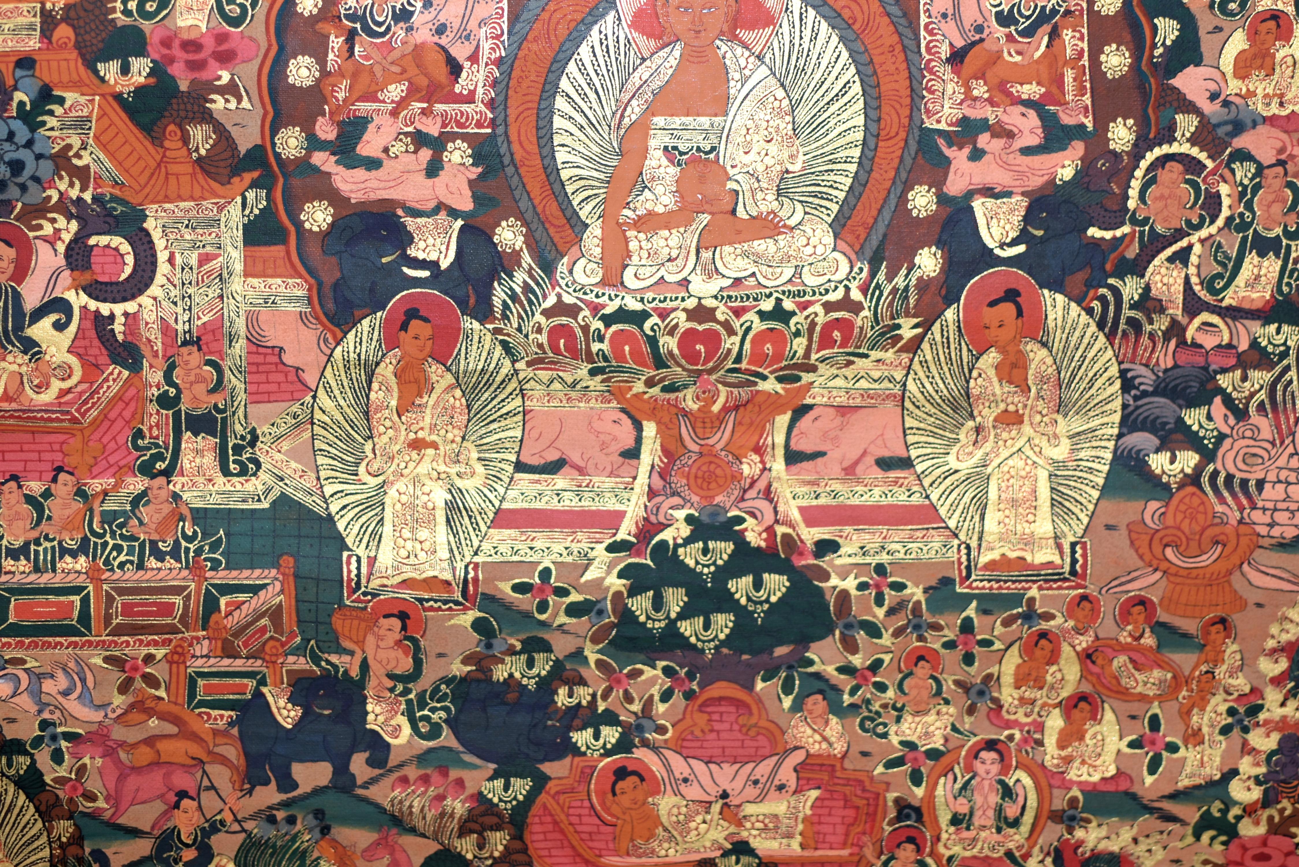 Tibetische Thangka von Amitabha Buddha, handbemalt und vergoldet (Handbemalt) im Angebot