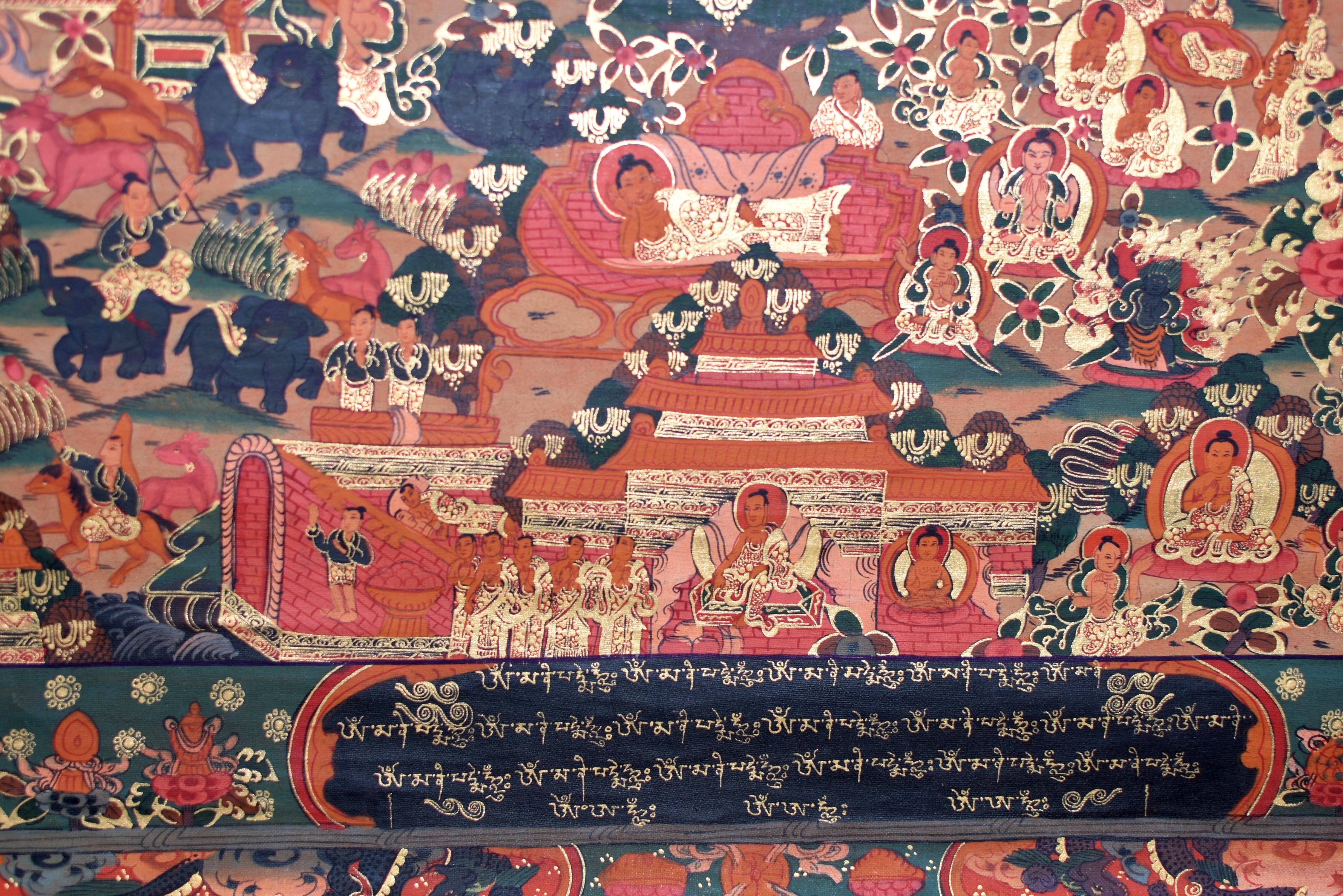 Hand-Painted Tibetan Thangka of Amitabha Buddha Hand Painted Gilded For Sale