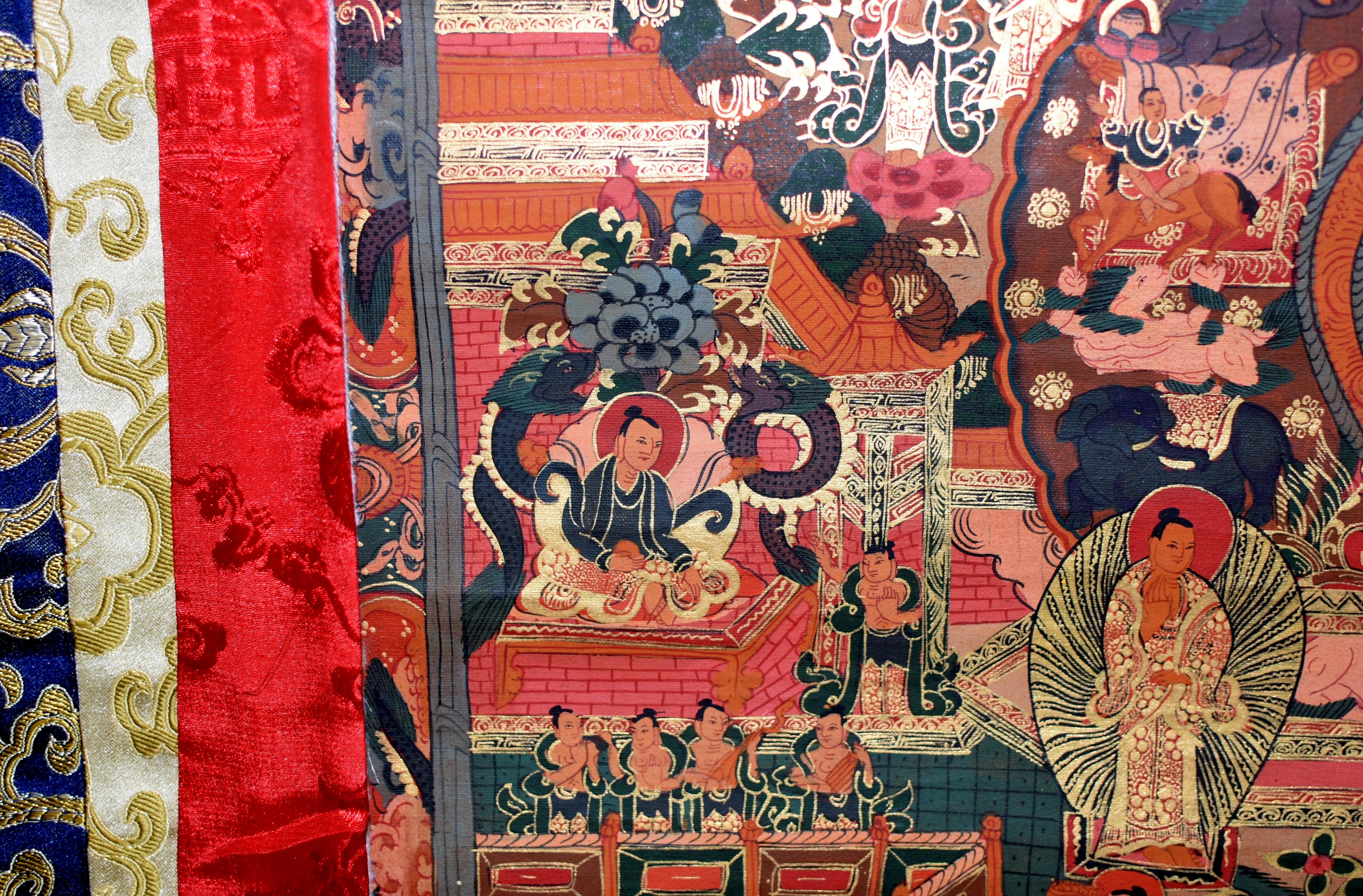 Brocade Tibetan Thangka of Amitabha Buddha Hand Painted Gilded For Sale