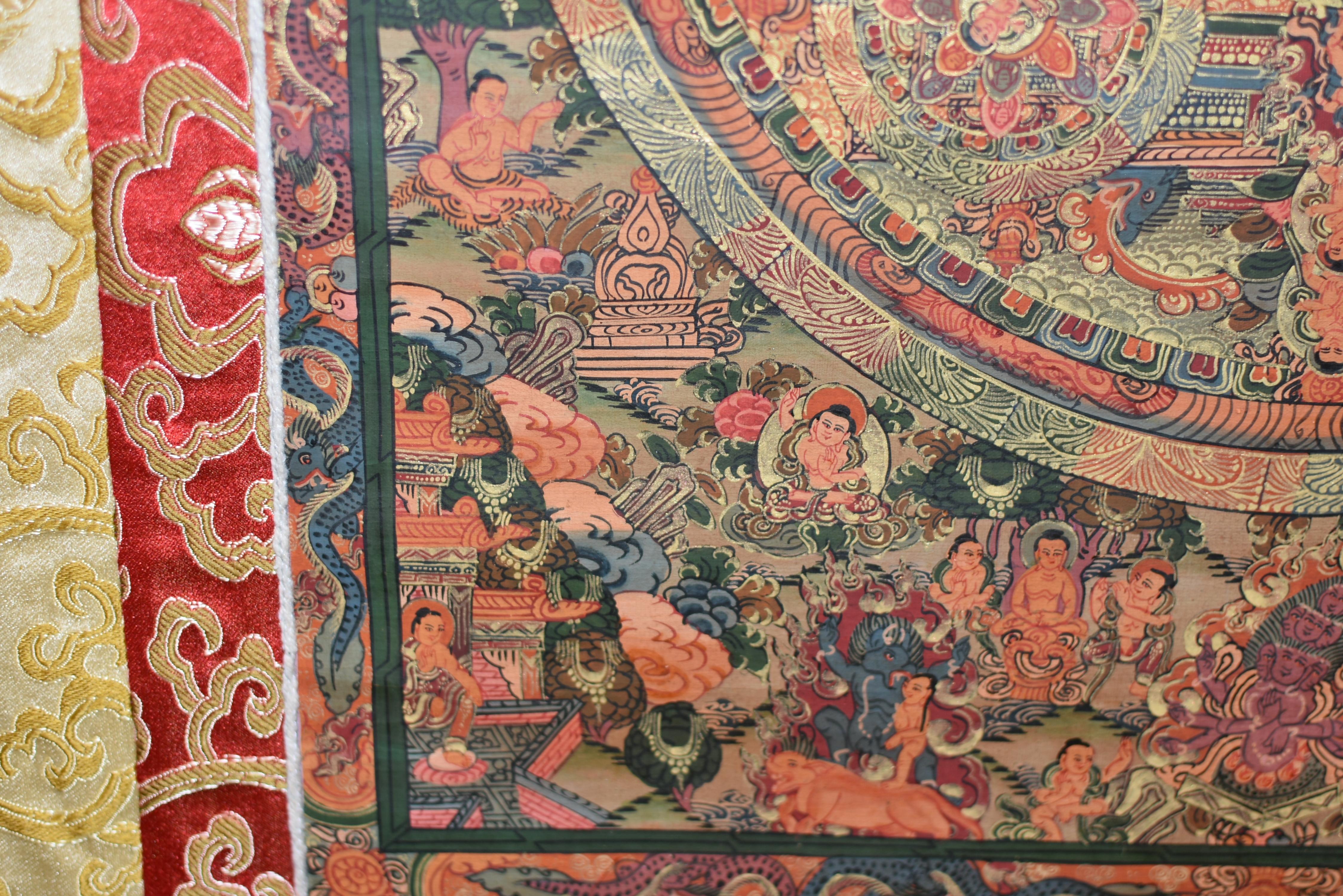 Tibetan Thangka of Celebration Hand Painted Gilded For Sale 3