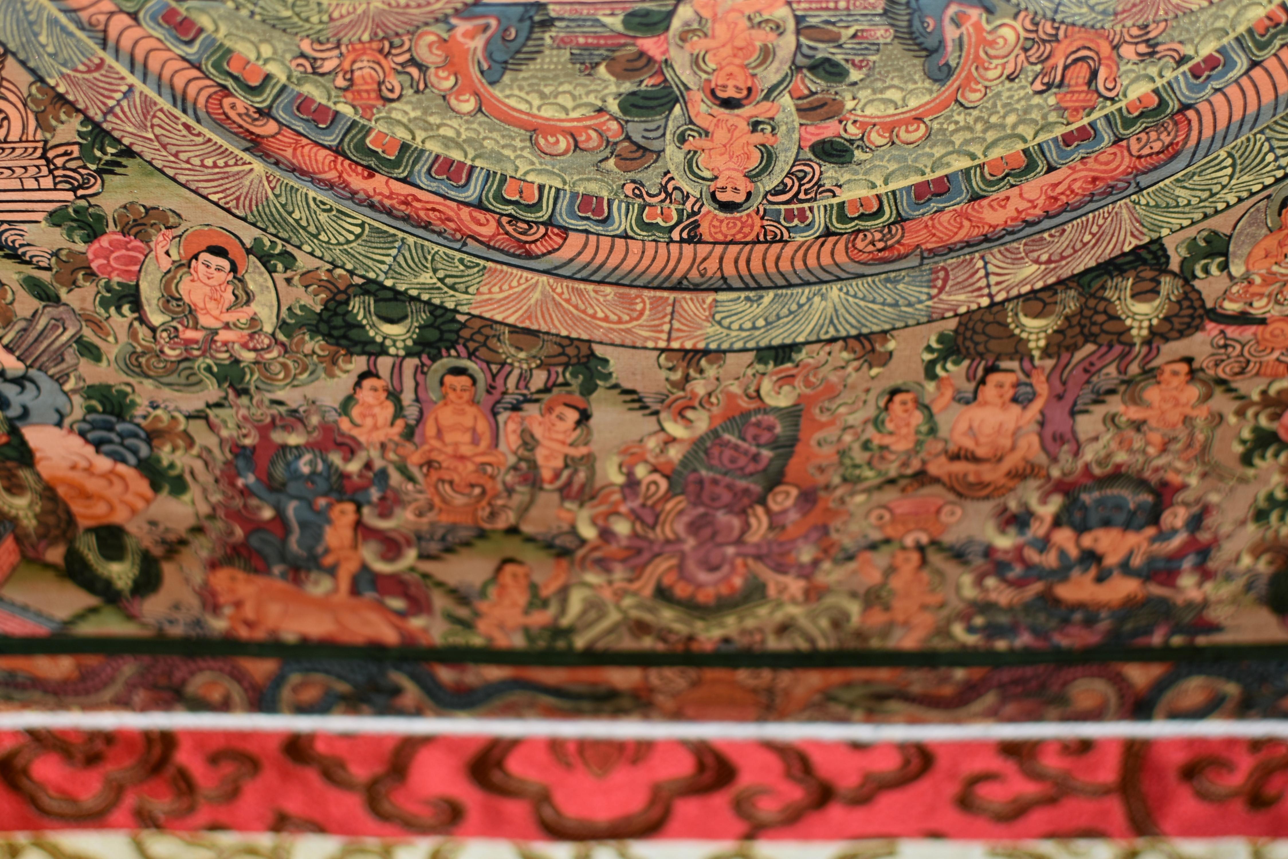 Tibetan Thangka of Celebration Hand Painted Gilded For Sale 9