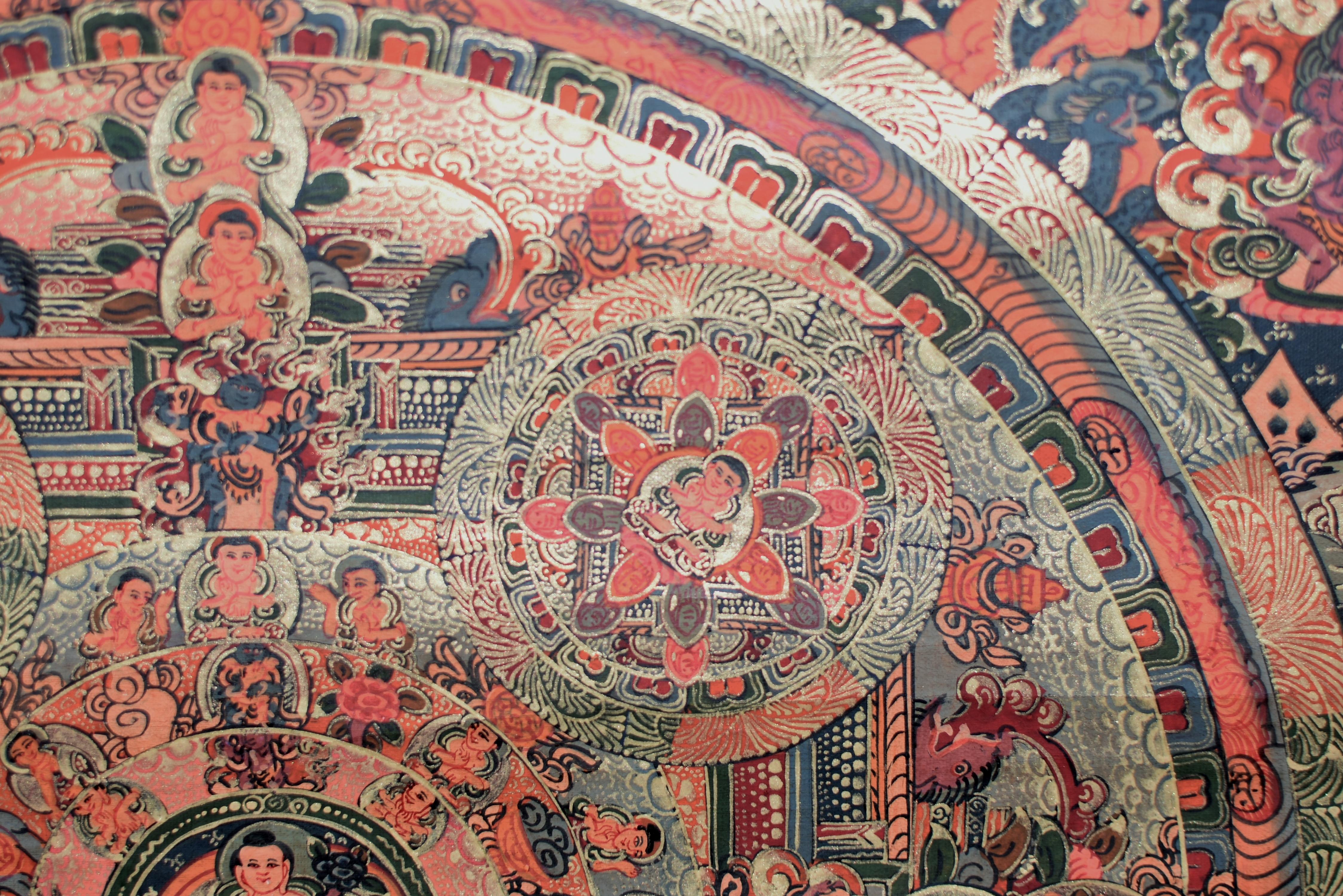 Tibetan Thangka of Celebration Hand Painted Gilded For Sale 10