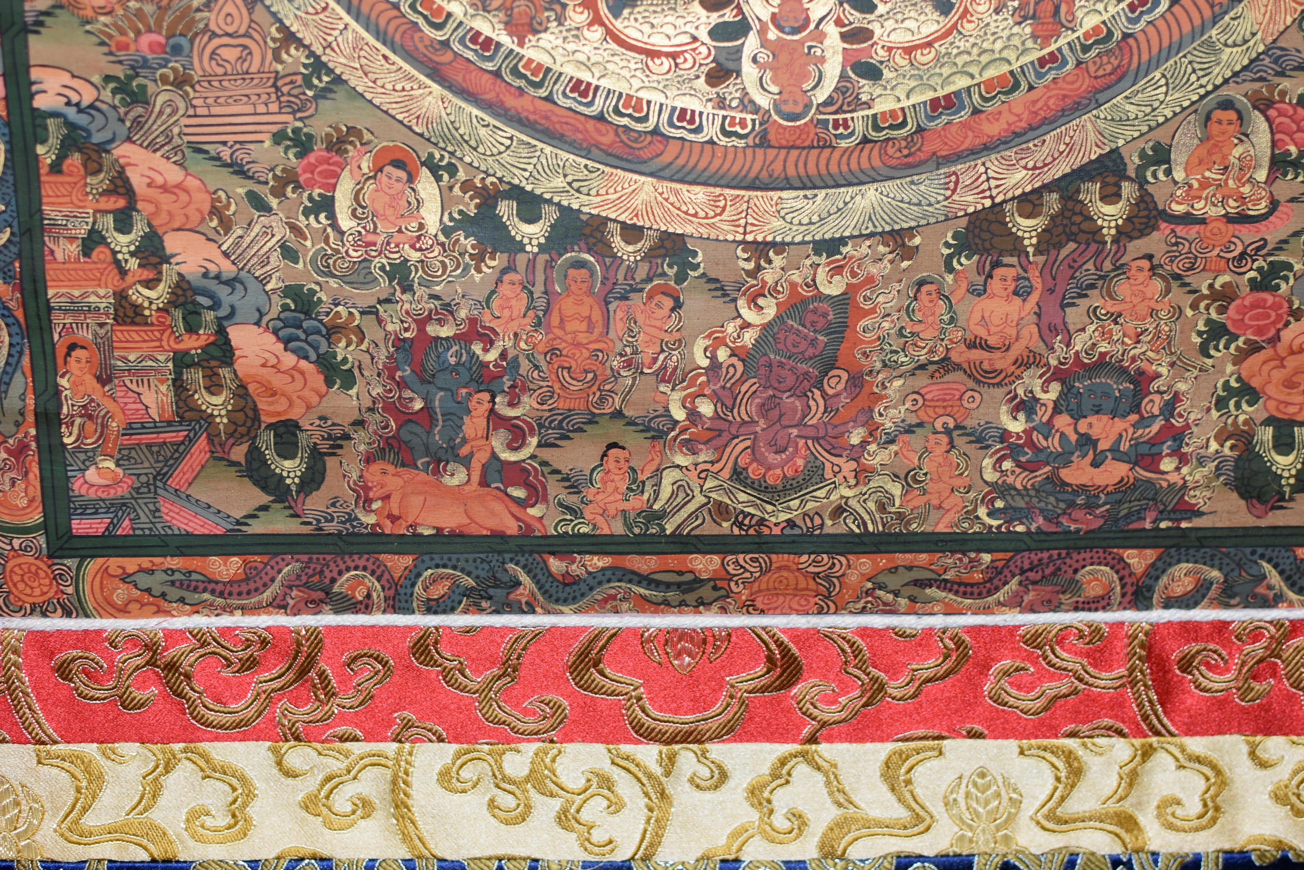 Tibetan Thangka of Celebration Hand Painted Gilded In Excellent Condition For Sale In Somis, CA