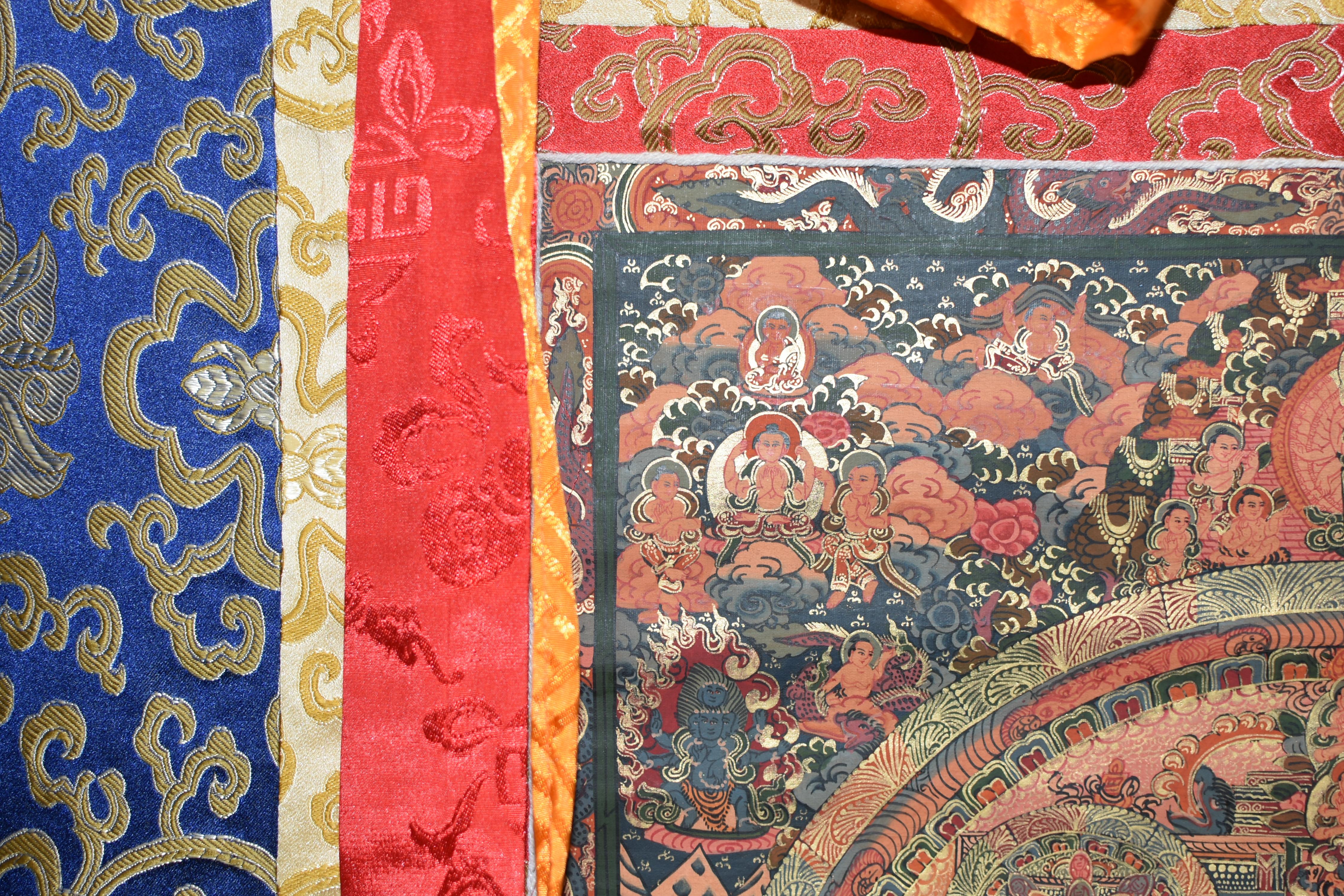 Contemporary Tibetan Thangka of Celebration Hand Painted Gilded For Sale