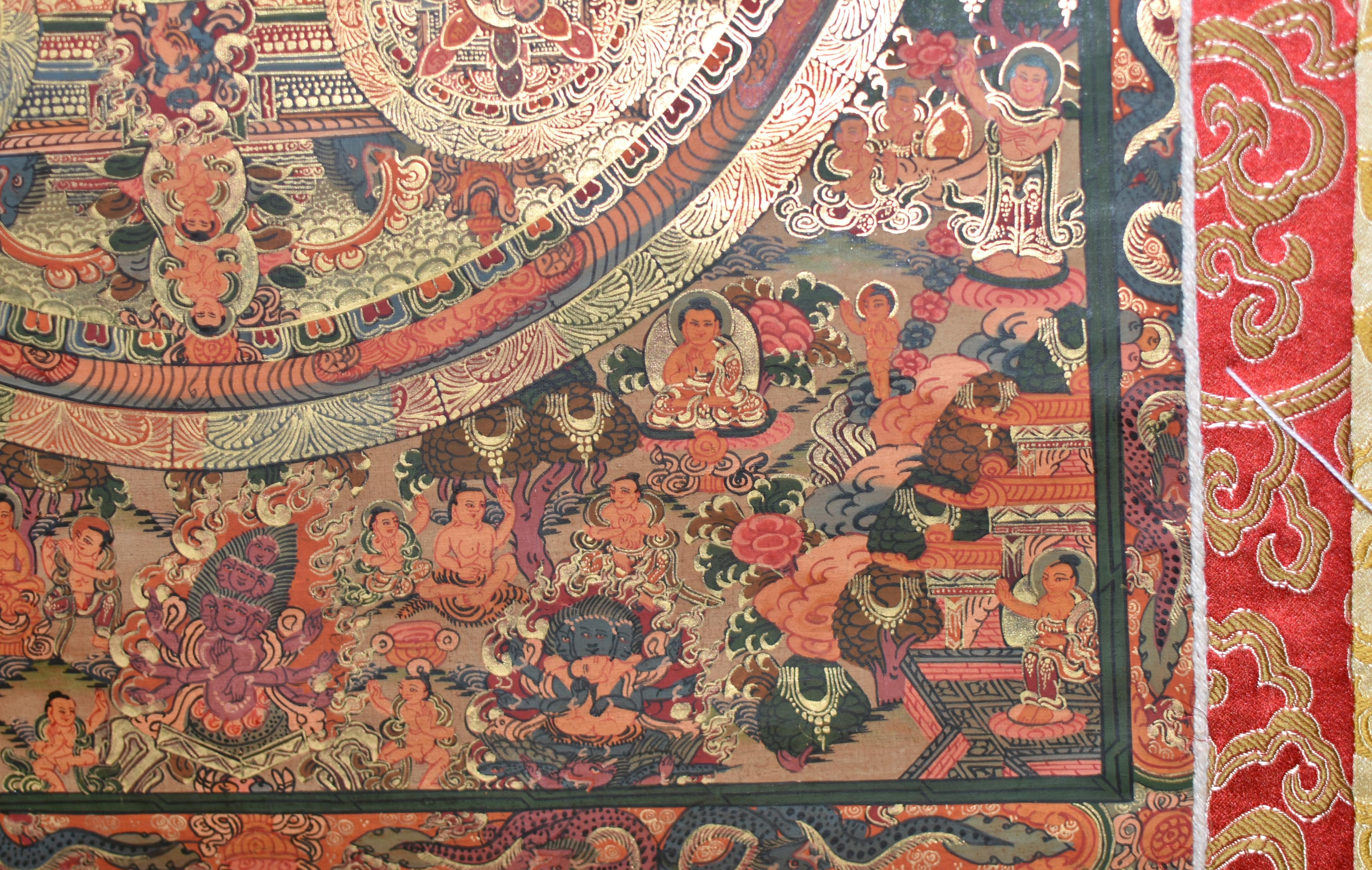Tibetan Thangka of Celebration Hand Painted Gilded For Sale 2