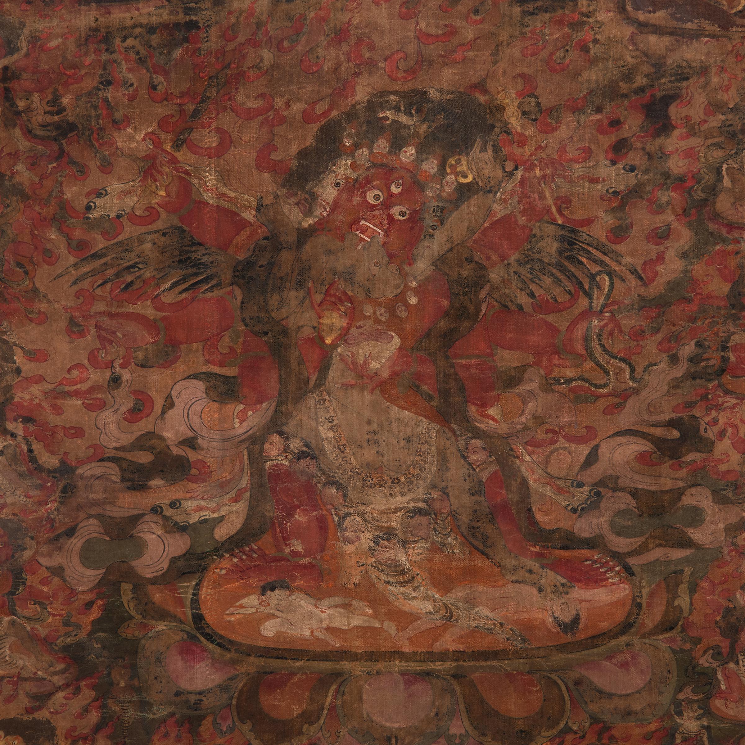 Historically in Buddhist Tibet, patrons and monks commissioned thangka art, or sacred painting, to focus their meditations and prayers. Painted with red, green, and black pigments, this 19th-century thangka depicts the wrathful god Hayagriva, the