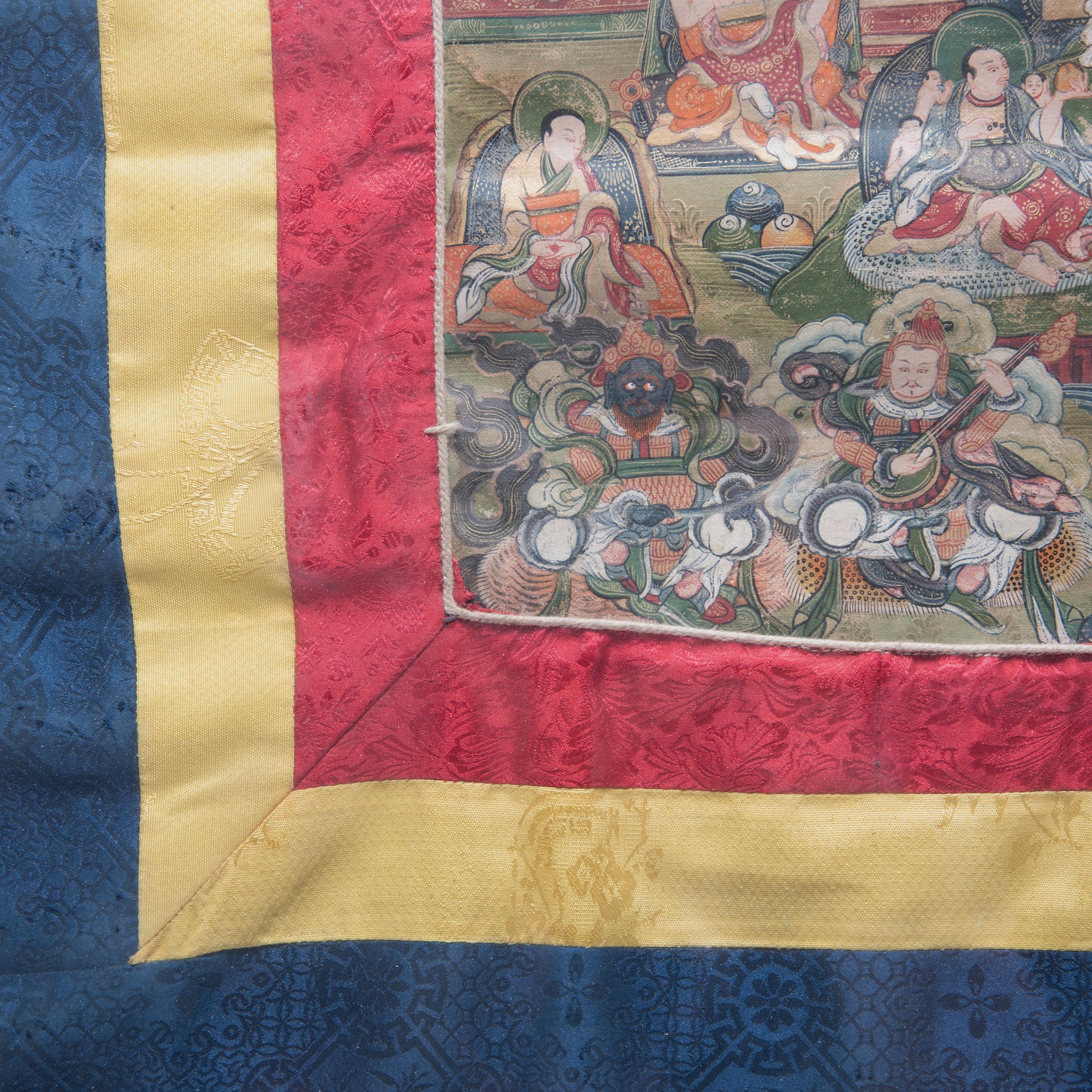 Peint à la main Thangka tibétaine de Sakyamuni avec brocart de soie, vers 1880 en vente