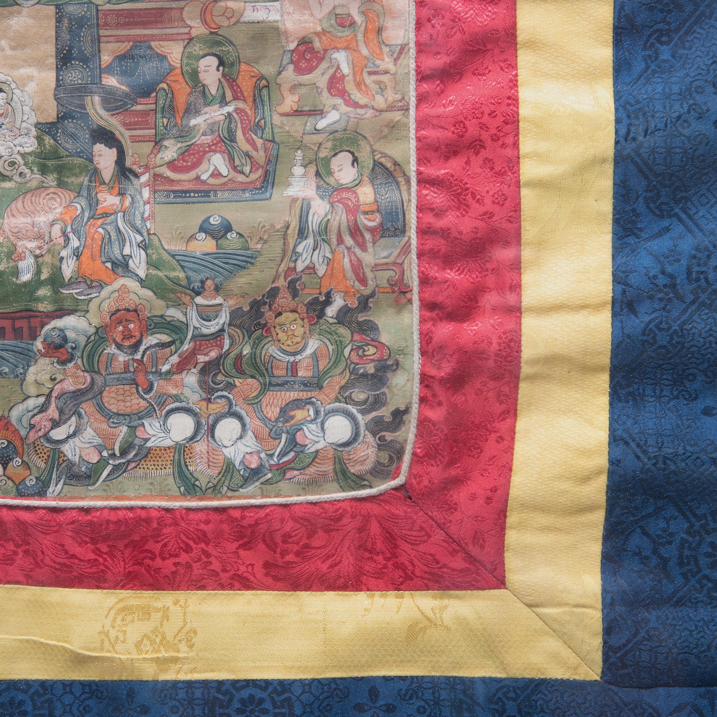 19th Century Tibetan Thangka of Sakyamuni with Silk Brocade, C. 1880 For Sale