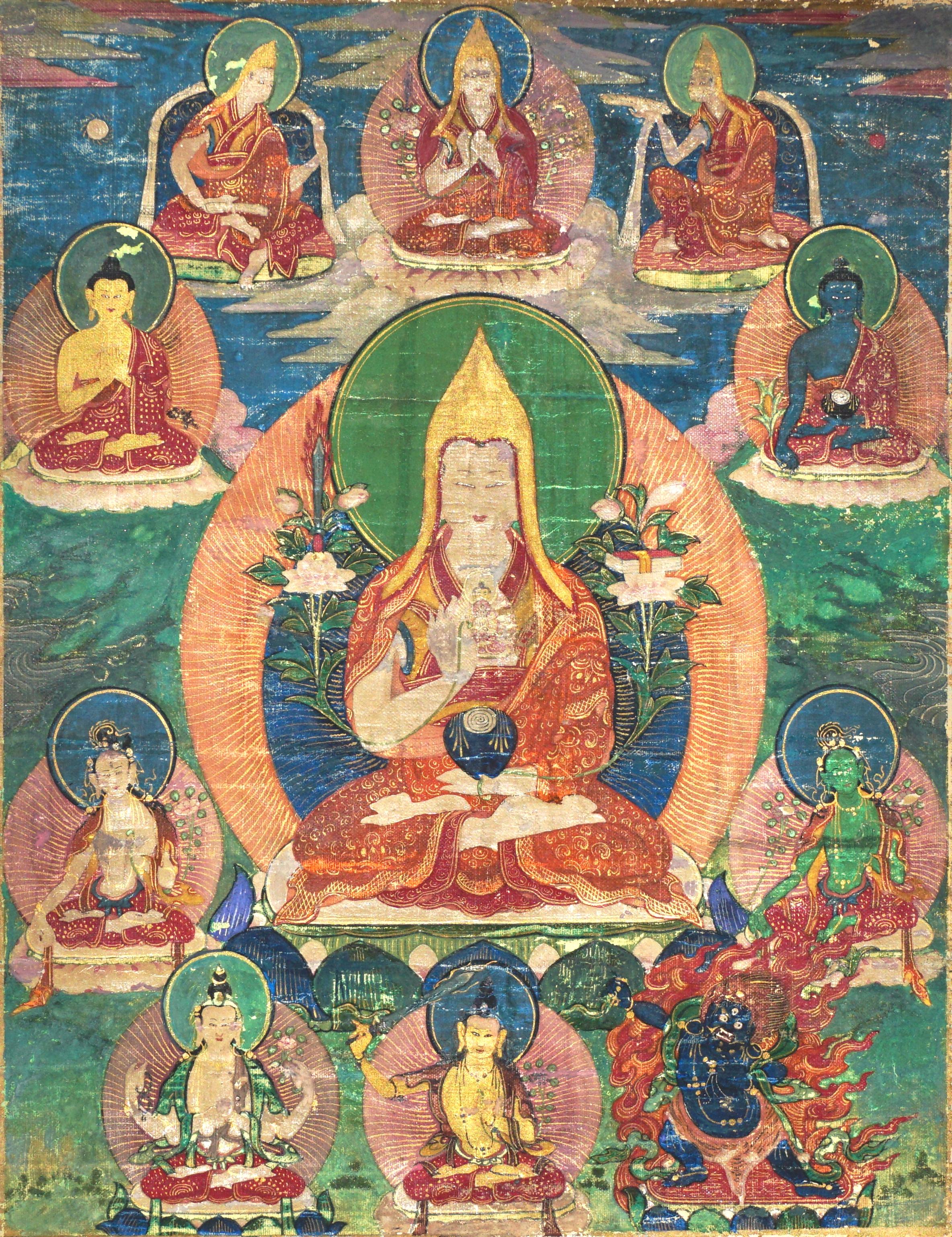 A Thangka of Tsongkhapa, Tibet, 18th-19th century

Intricately painted in fine detail with gouache and gold on linen. The thangka is a representation of Je Tsongkhapa, a very revered Tibetan scholar. He is seated with Sakymuni Buddha, Avalokatesvara