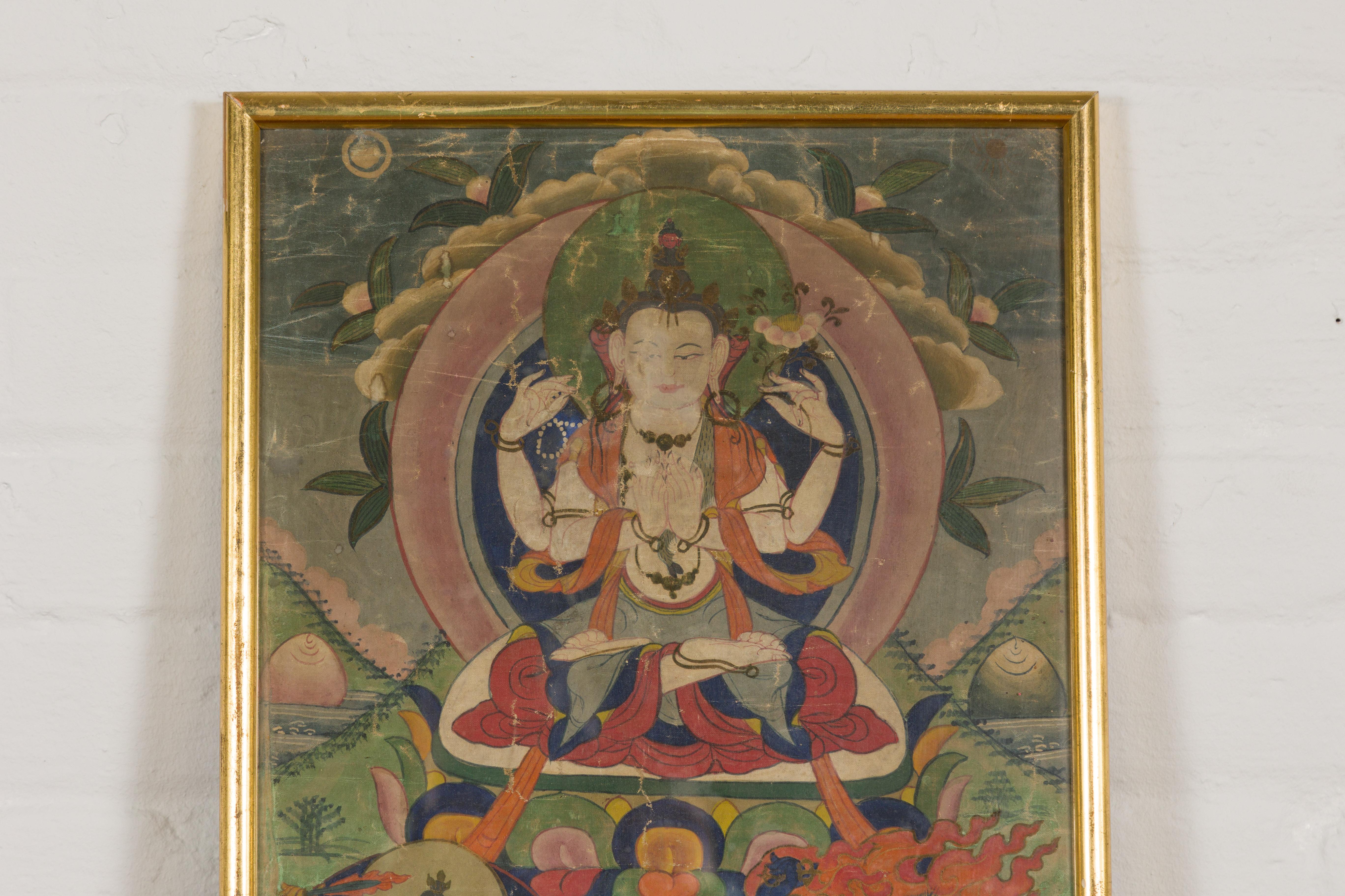 Antikes gerahmtes buddhistisches Gemälde (Vergoldet) im Angebot