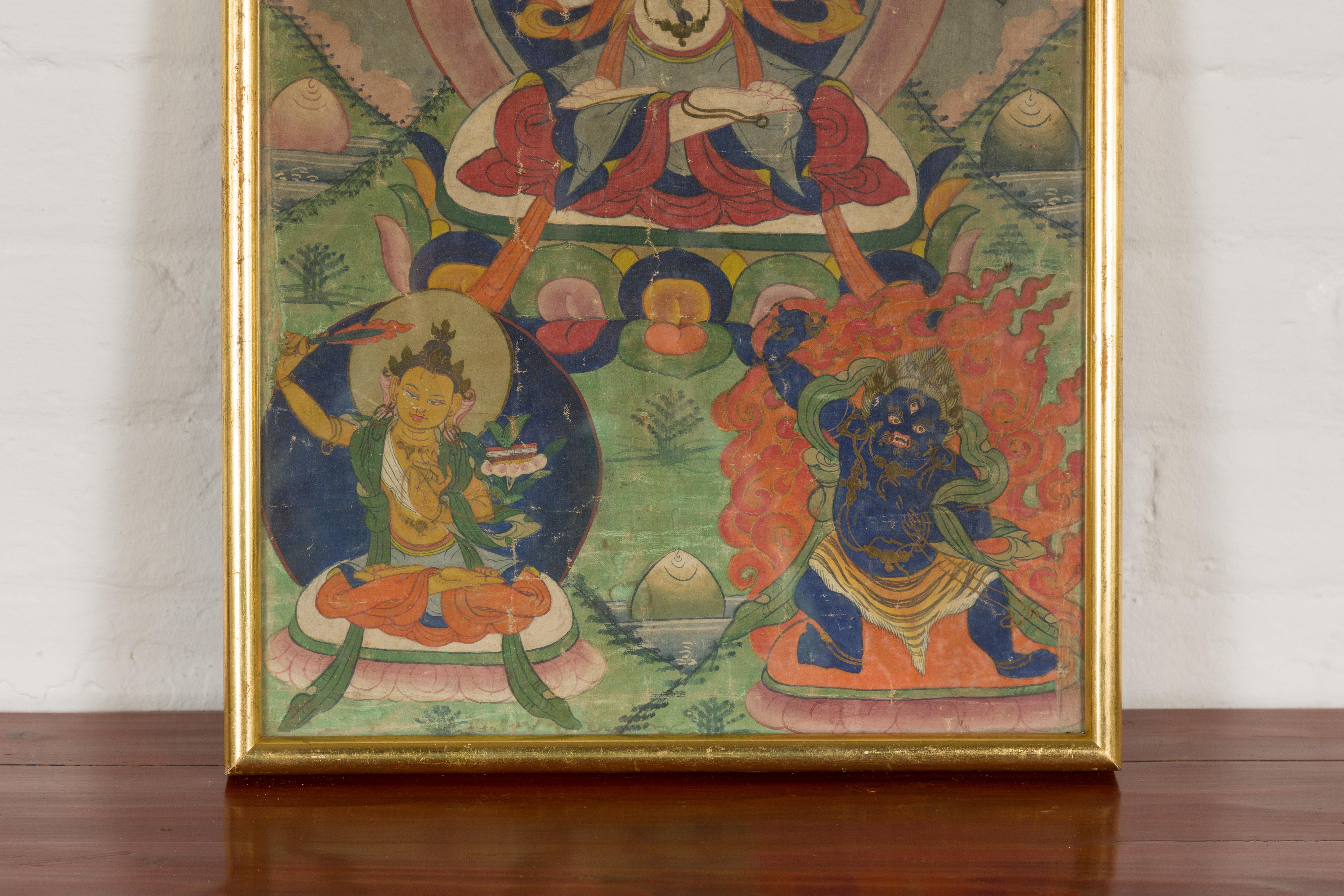 Peinture bouddhiste ancienne encadrée Bon état - En vente à Yonkers, NY