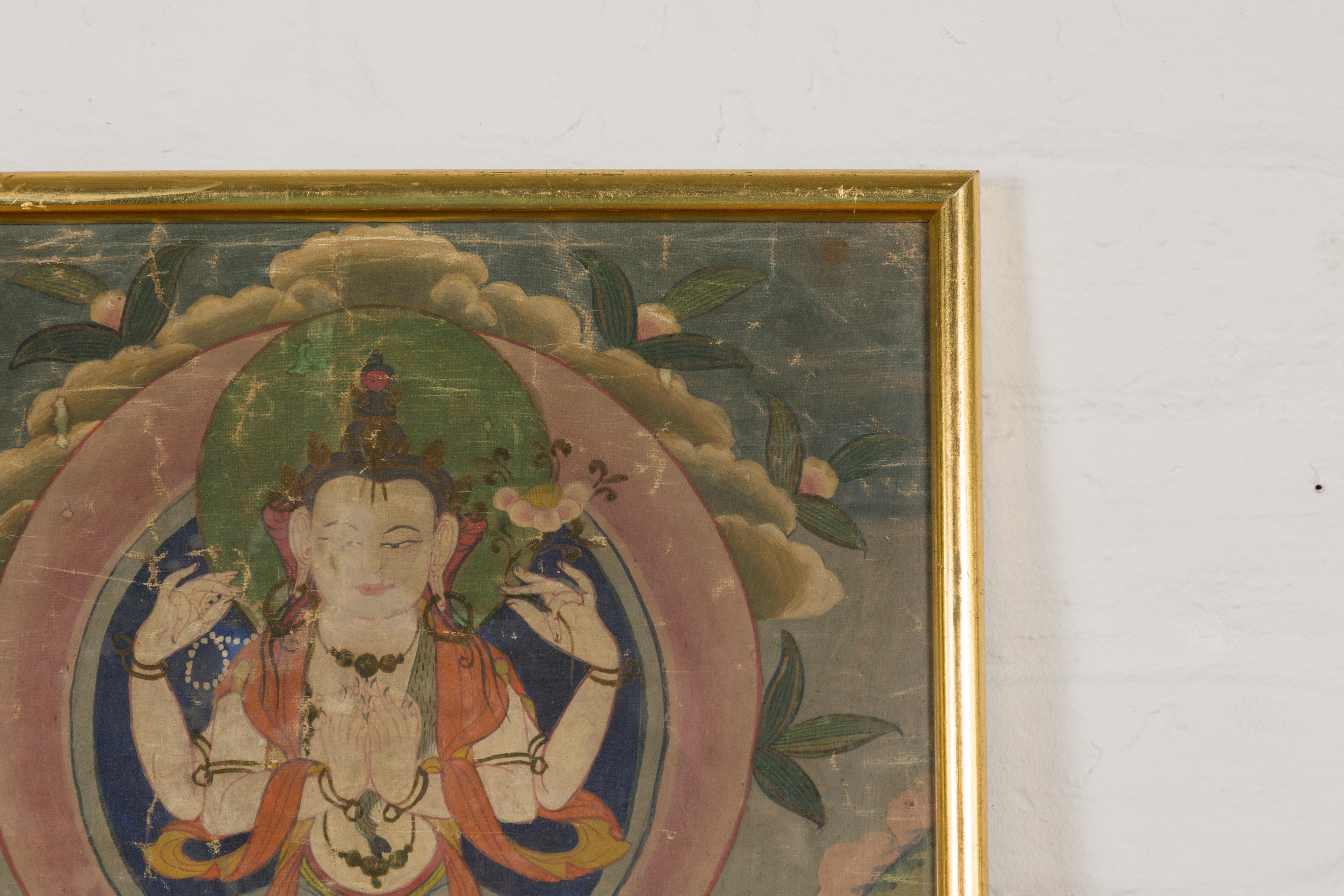 Antikes gerahmtes buddhistisches Gemälde (Leinwand) im Angebot