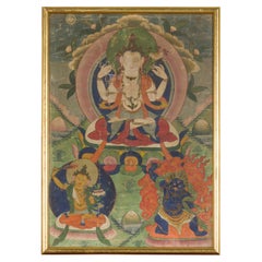 Tibetan Thangka Painting Depicting the Three Great Bodhisattvas in Custom Frame