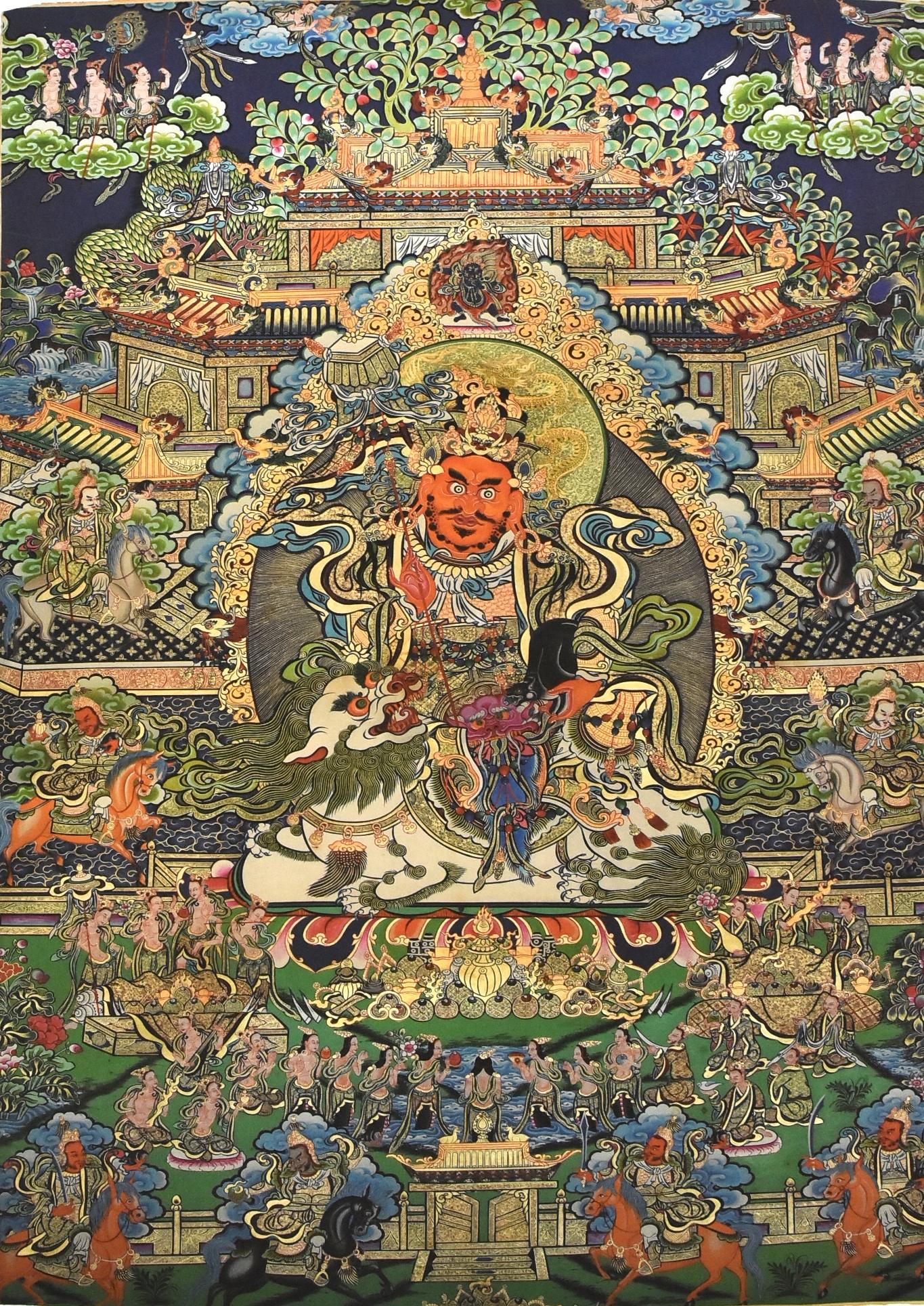 Absolutely stunning Thangka painstakingly painted by Tibetan artists. This piece depicts the protection god Dorje Drolo whose ferocious expression subdues negative and demonic forces. This painting is very full with splendid colors and vivid
