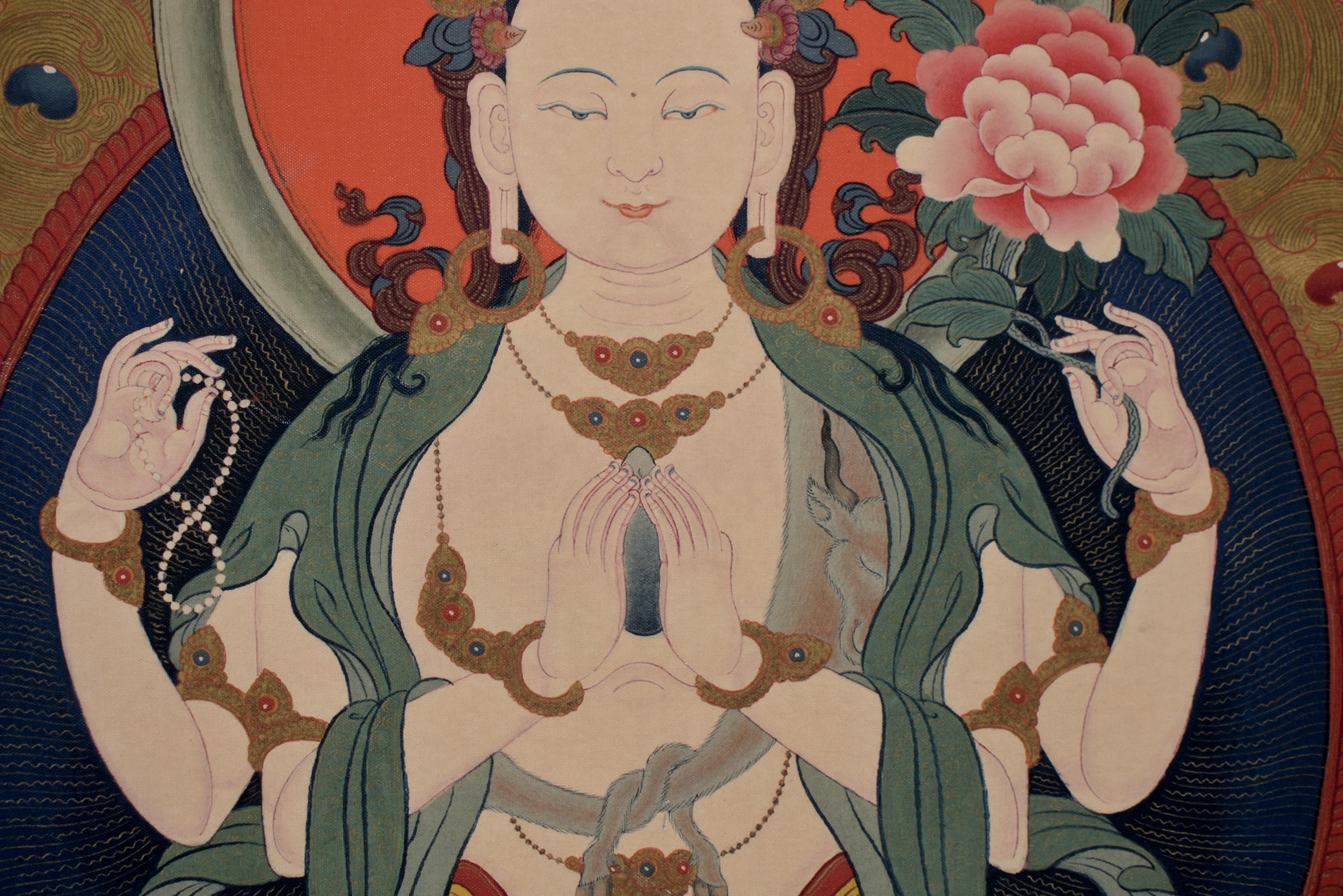 Tibetan Thangka White Tara on Linen Canvas In Good Condition In Somis, CA