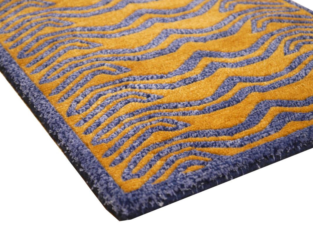 Tibetan Tiger Mini Rug Hand Knotted Wool Silk Gold Blue by Djoharian Collection For Sale 3