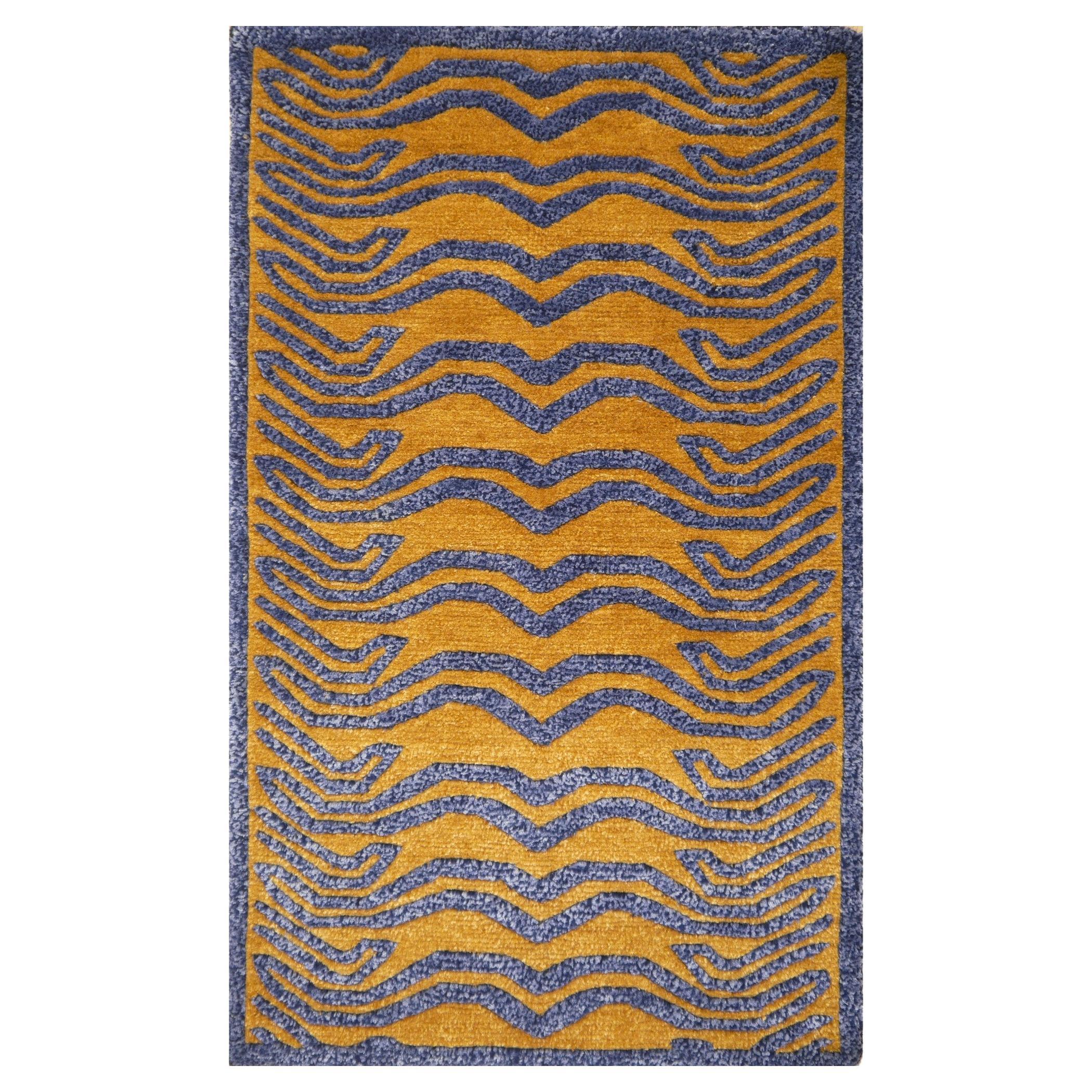 Tibetan Tiger Mini Rug Hand Knotted Wool Silk Gold Blue by Djoharian Collection