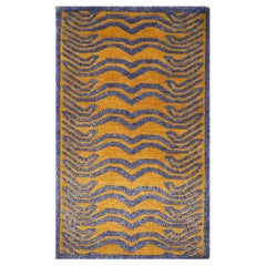 Tibetan Tiger Mini Rug Hand Knotted Wool Silk Gold Blue by Djoharian Collection