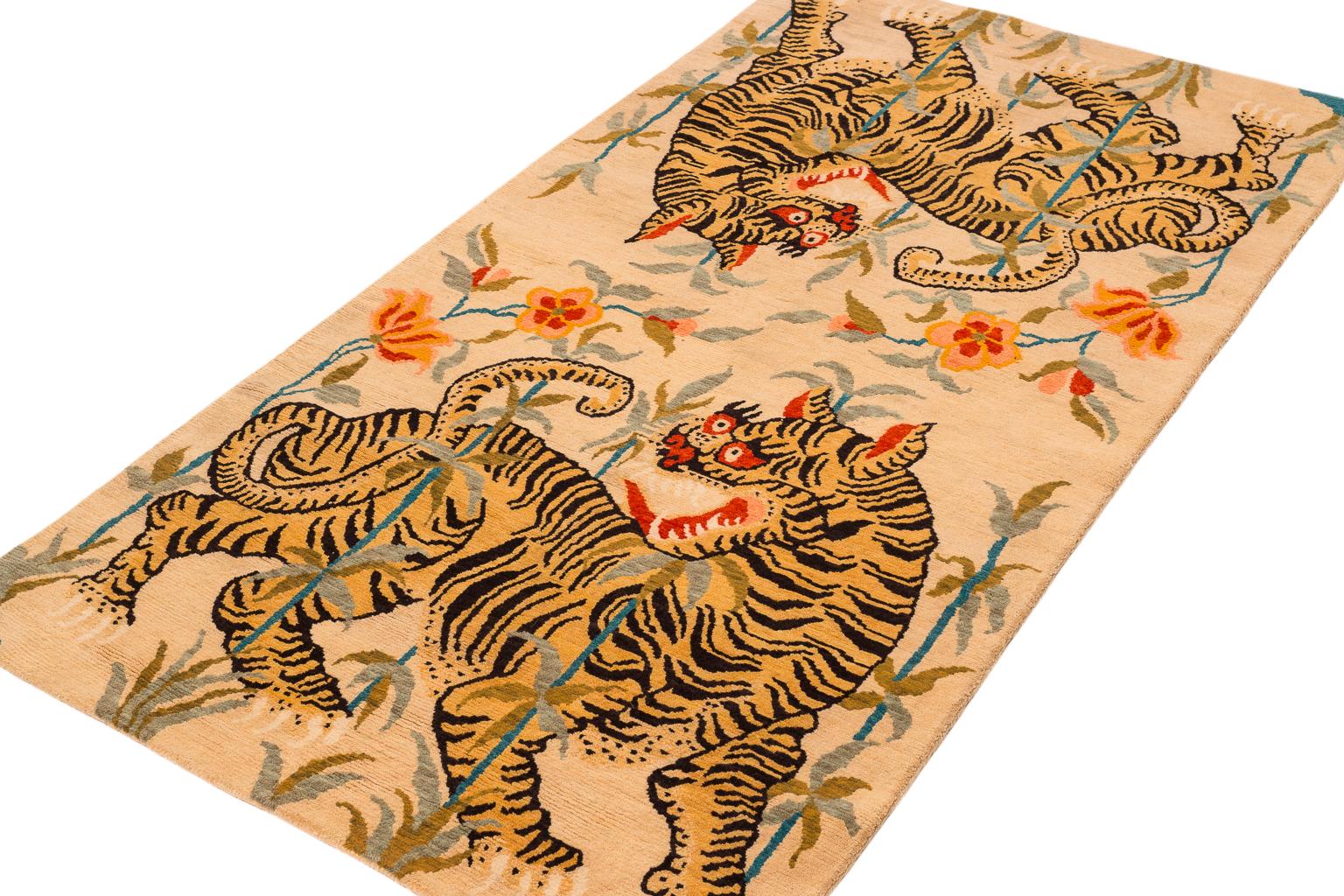 This carpet is a replica of a traditional Tibetan design featuring a pair of tigers facing each other. Since the tiger represents strength and confidence it is great to use for one's meditation practice. Measures: 3' x 5'9