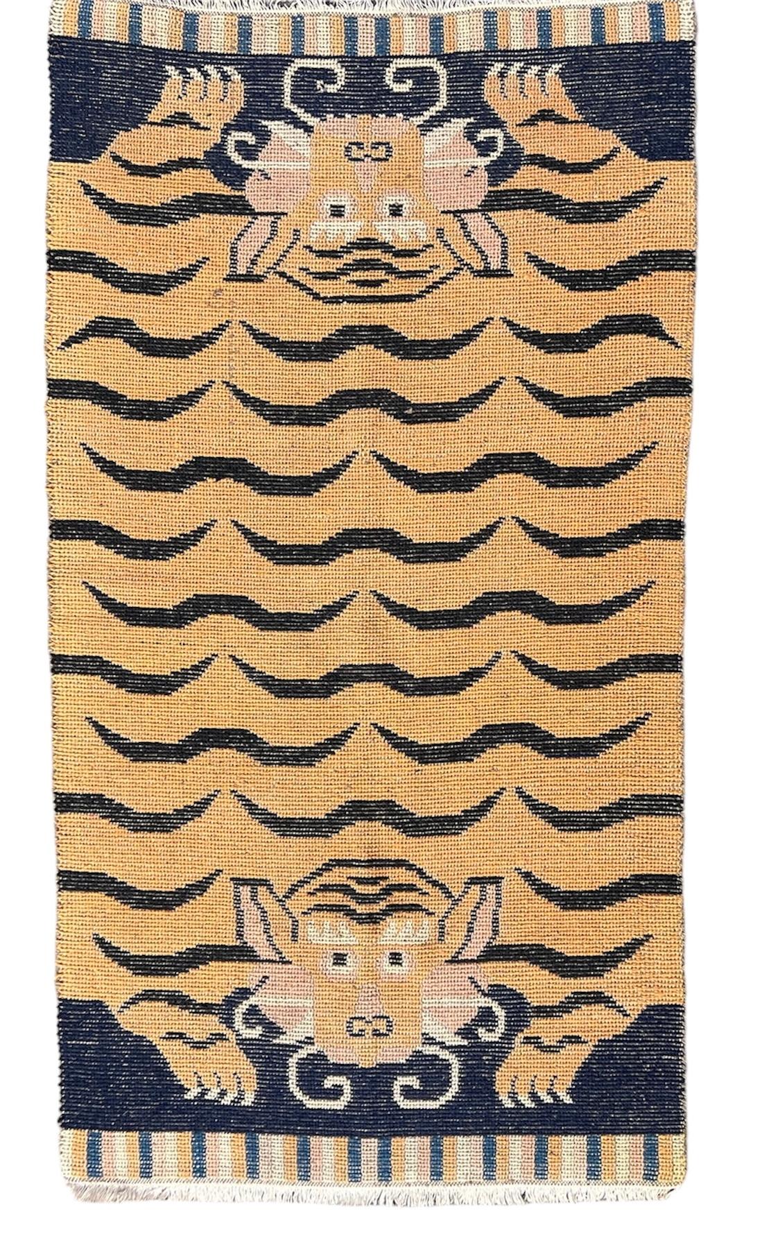 Discover the Tibetan Tiger Rug, meticulously hand-woven and knotted from highland sheep wool by master weavers. Reserved for emperors, lamas, and noble families.