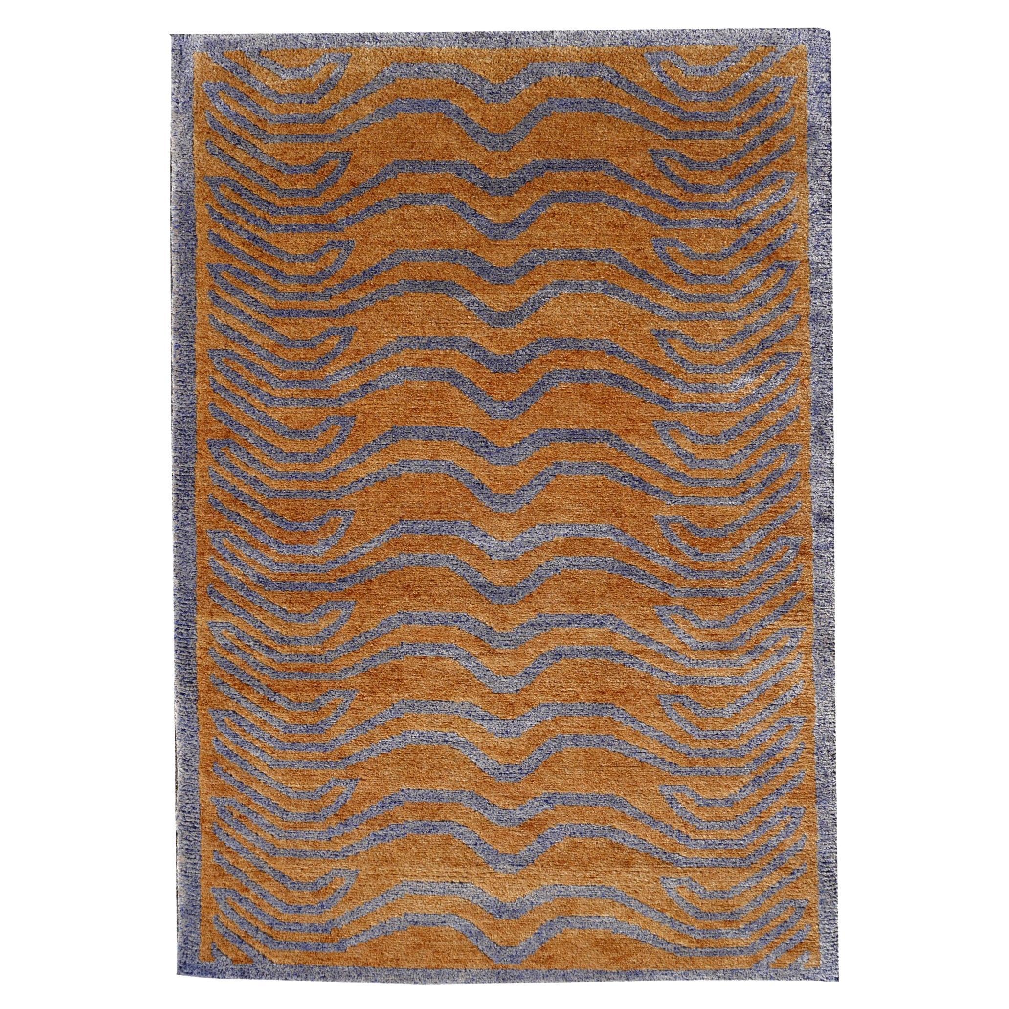 Contemporary Tibetan Tiger Rug Hand Knotted Wool and Silk Gold Blue by Djoharian Collection For Sale