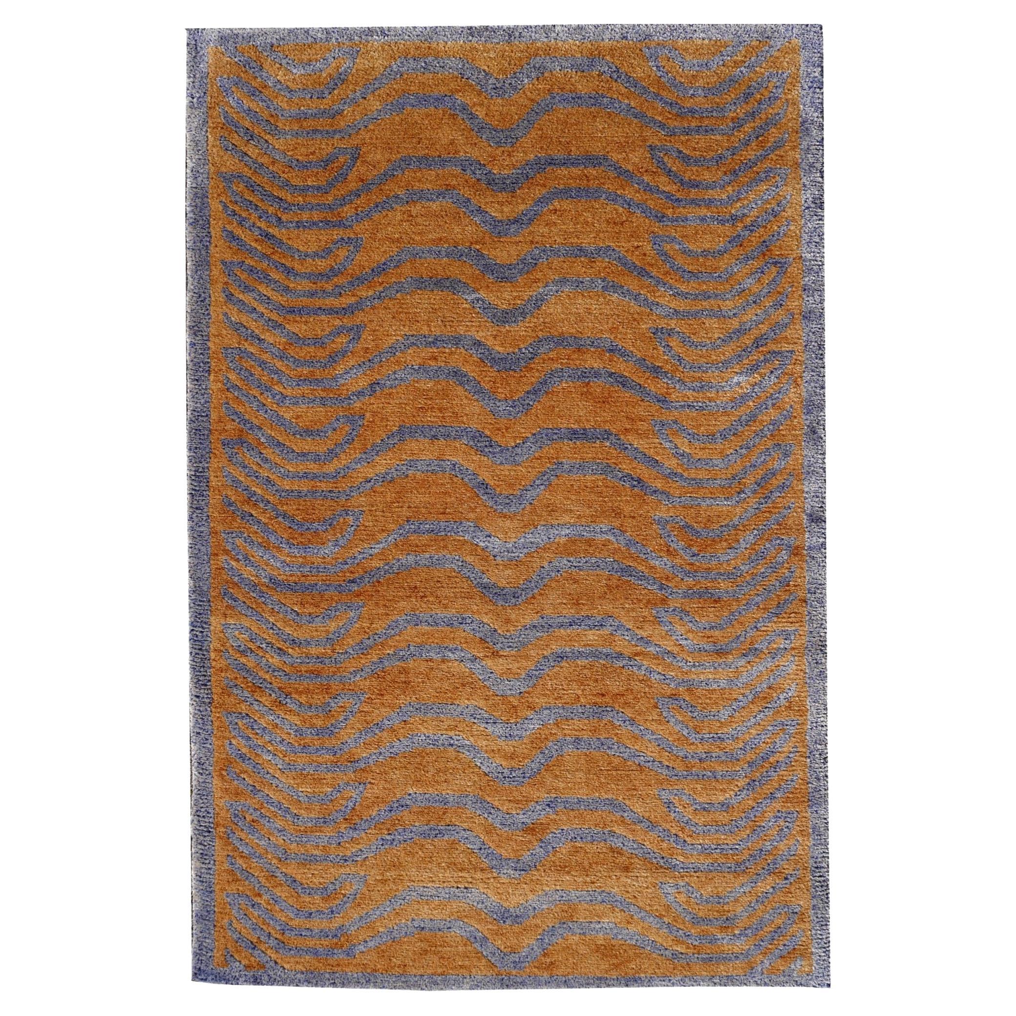 Tibetan Tiger Rug Hand Knotted Wool and Silk Gold Blue by Djoharian Collection