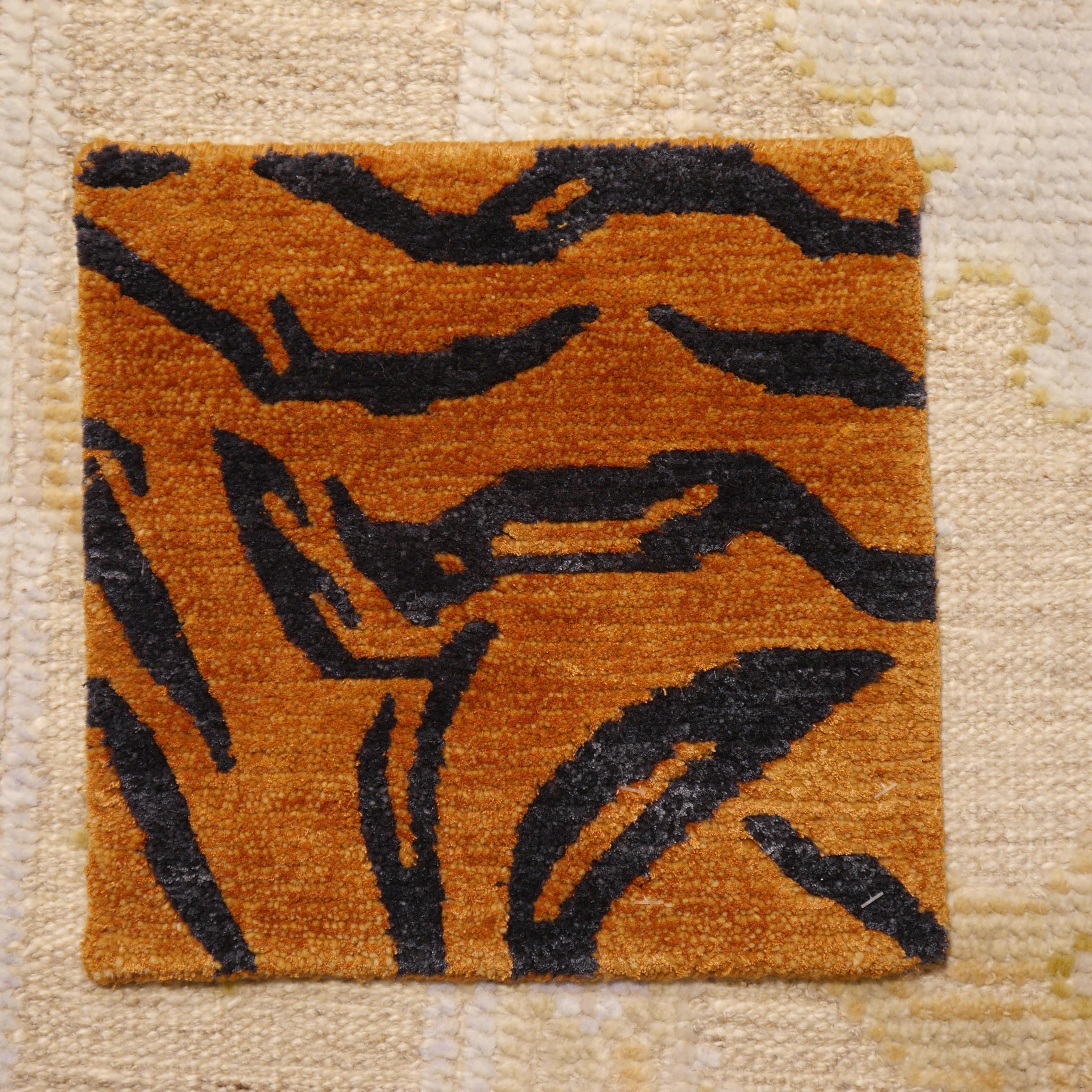Art Deco Tibetan Tiger Rug Hand Knotted Wool Rust Silk Graphite by Djoharian Collection For Sale