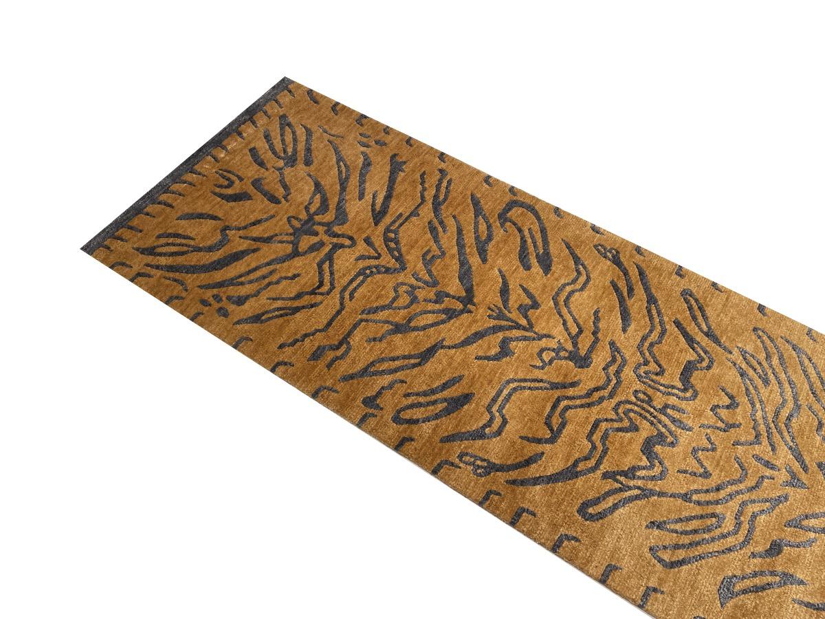 Tibetan Tiger Rug Hand Knotted Wool Silk Amber Charcoal by Djoharian Collection For Sale 3