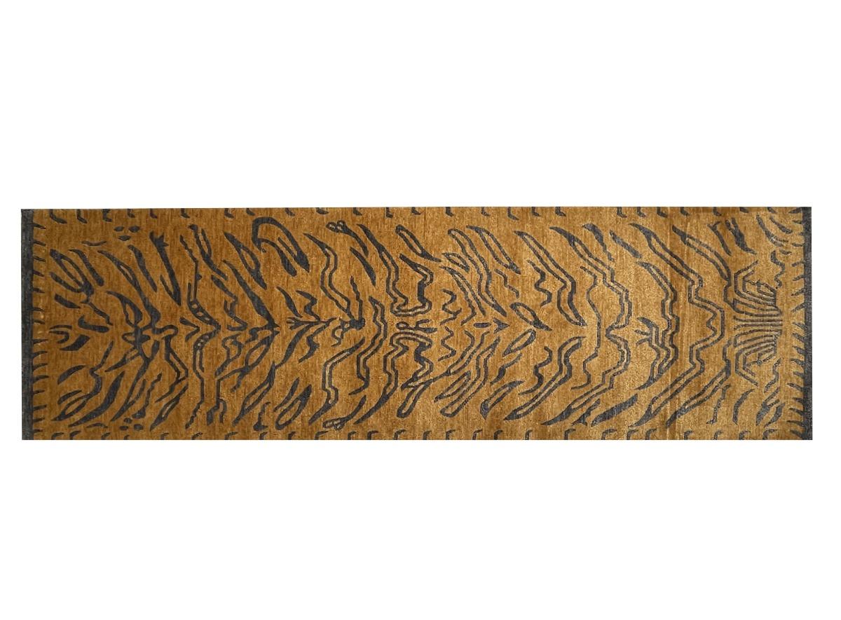 Tibetan Tiger Rug Hand Knotted Wool Silk Amber Charcoal by Djoharian Collection For Sale 6