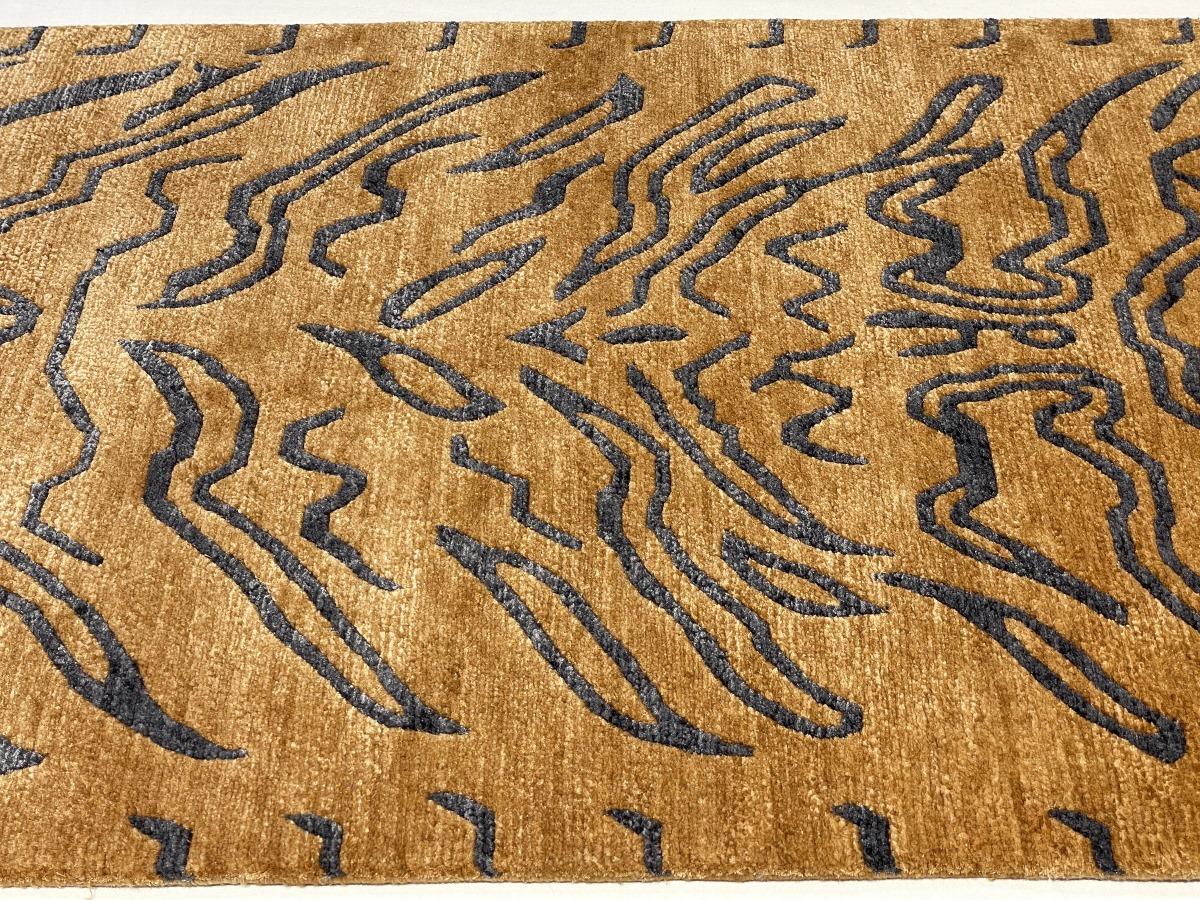 Hand-Knotted Tibetan Tiger Rug Hand Knotted Wool Silk Amber Charcoal by Djoharian Collection For Sale