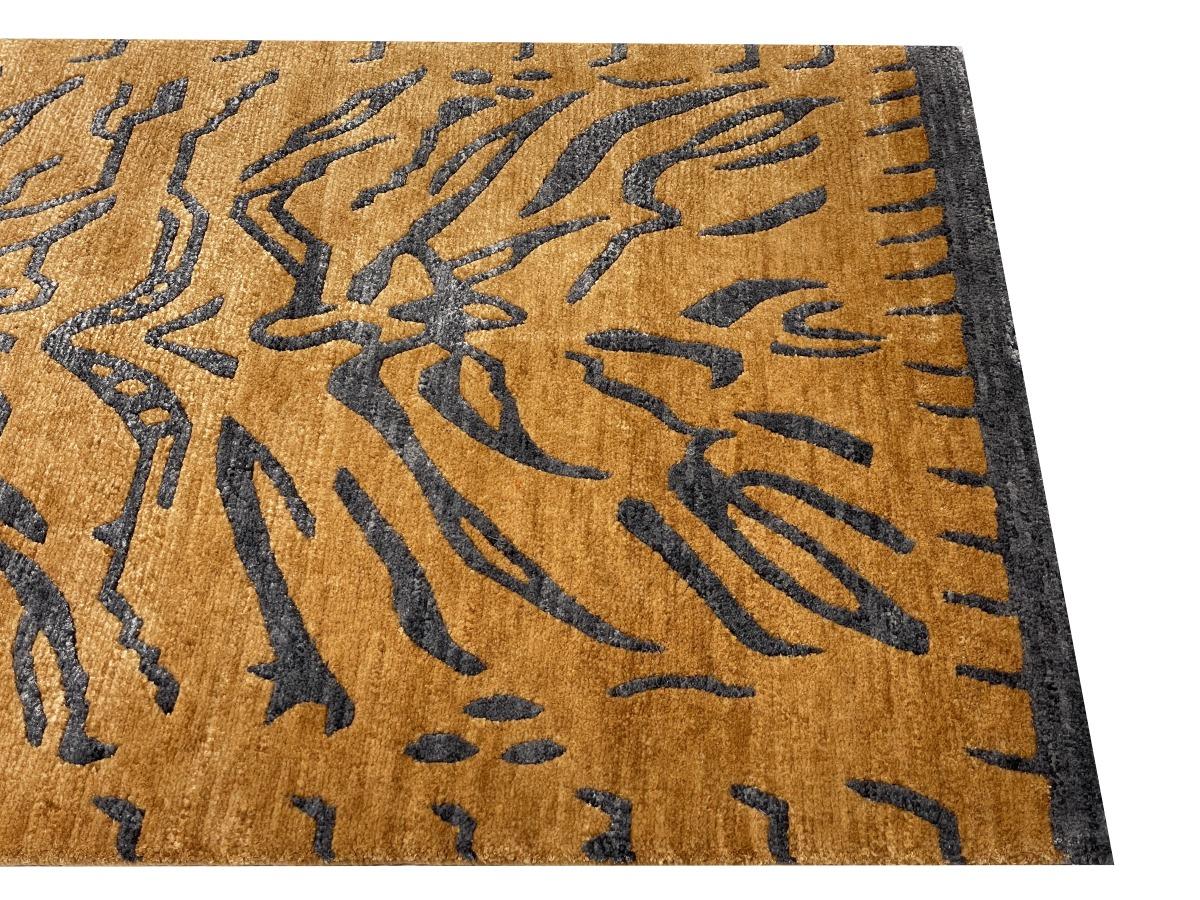 Contemporary Tibetan Tiger Rug Hand Knotted Wool Silk Amber Charcoal by Djoharian Collection For Sale