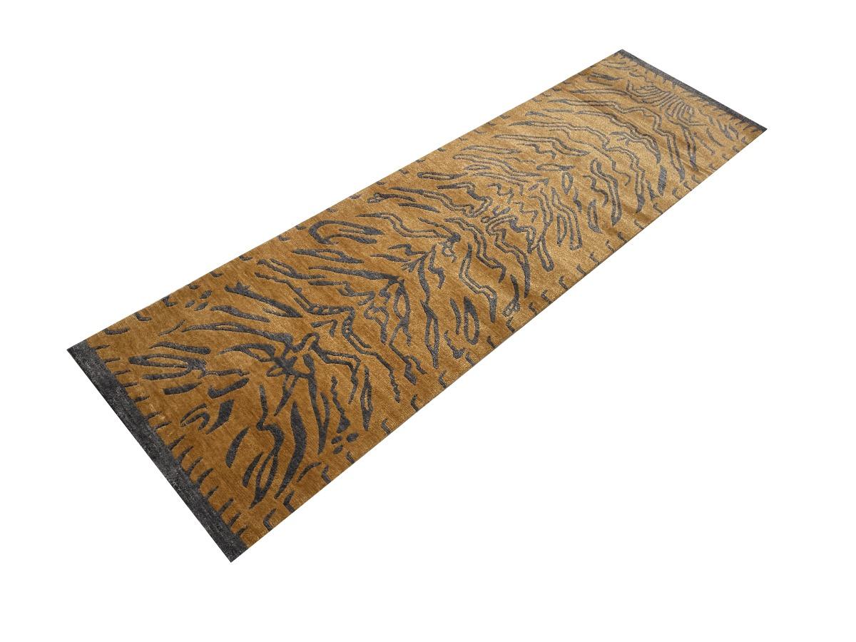 Tibetan Tiger Rug Hand Knotted Wool Silk Amber Charcoal by Djoharian Collection For Sale 2