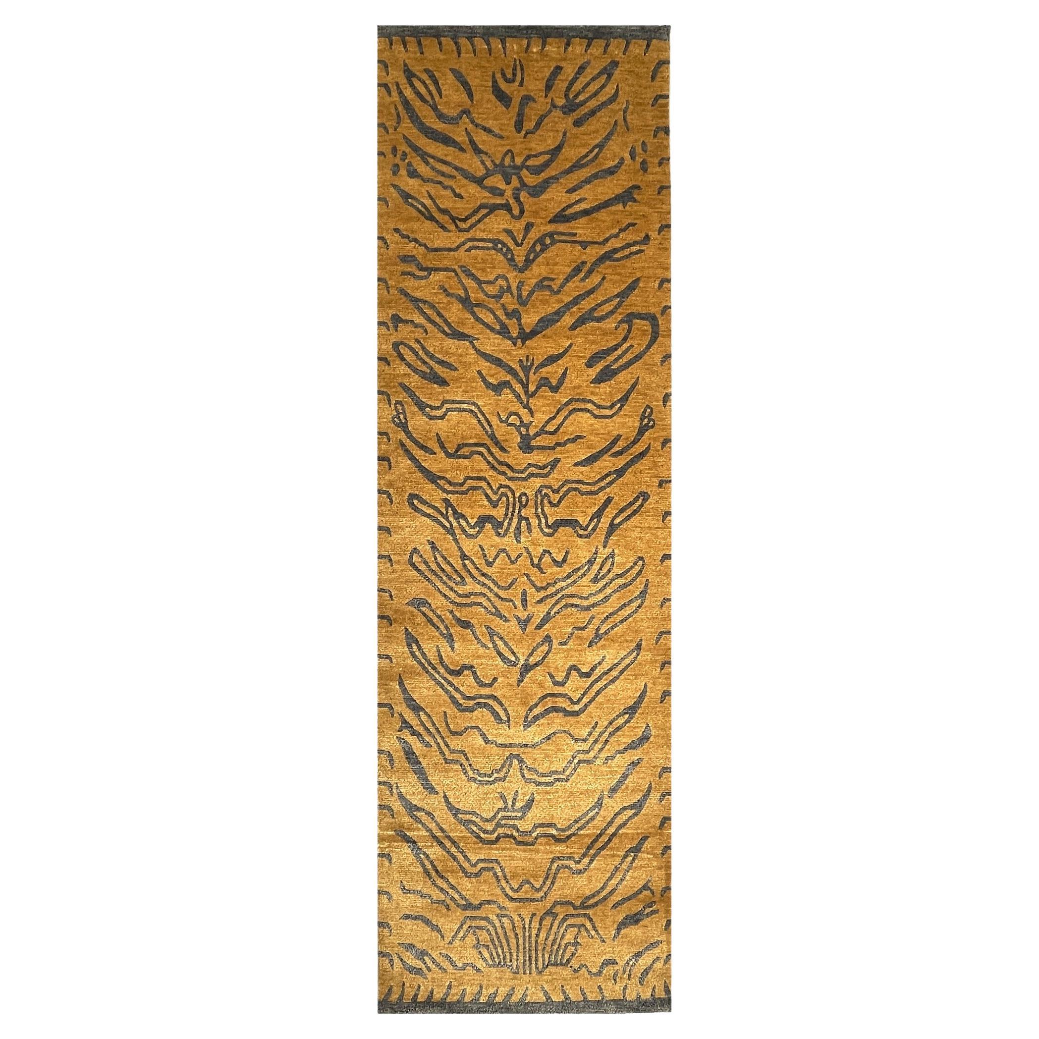 Tibetan Tiger Rug Hand Knotted Wool Silk Amber Charcoal by Djoharian Collection