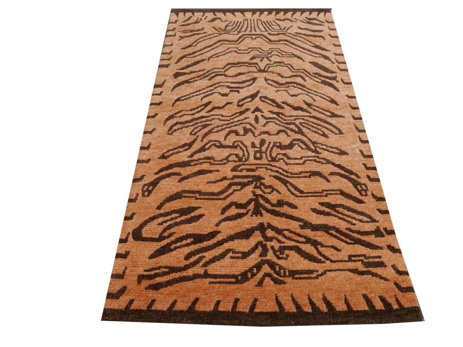 Art Deco Tibetan Tiger Rug Pure Wool Hand Knotted Amber Brown by Djoharian Collection For Sale
