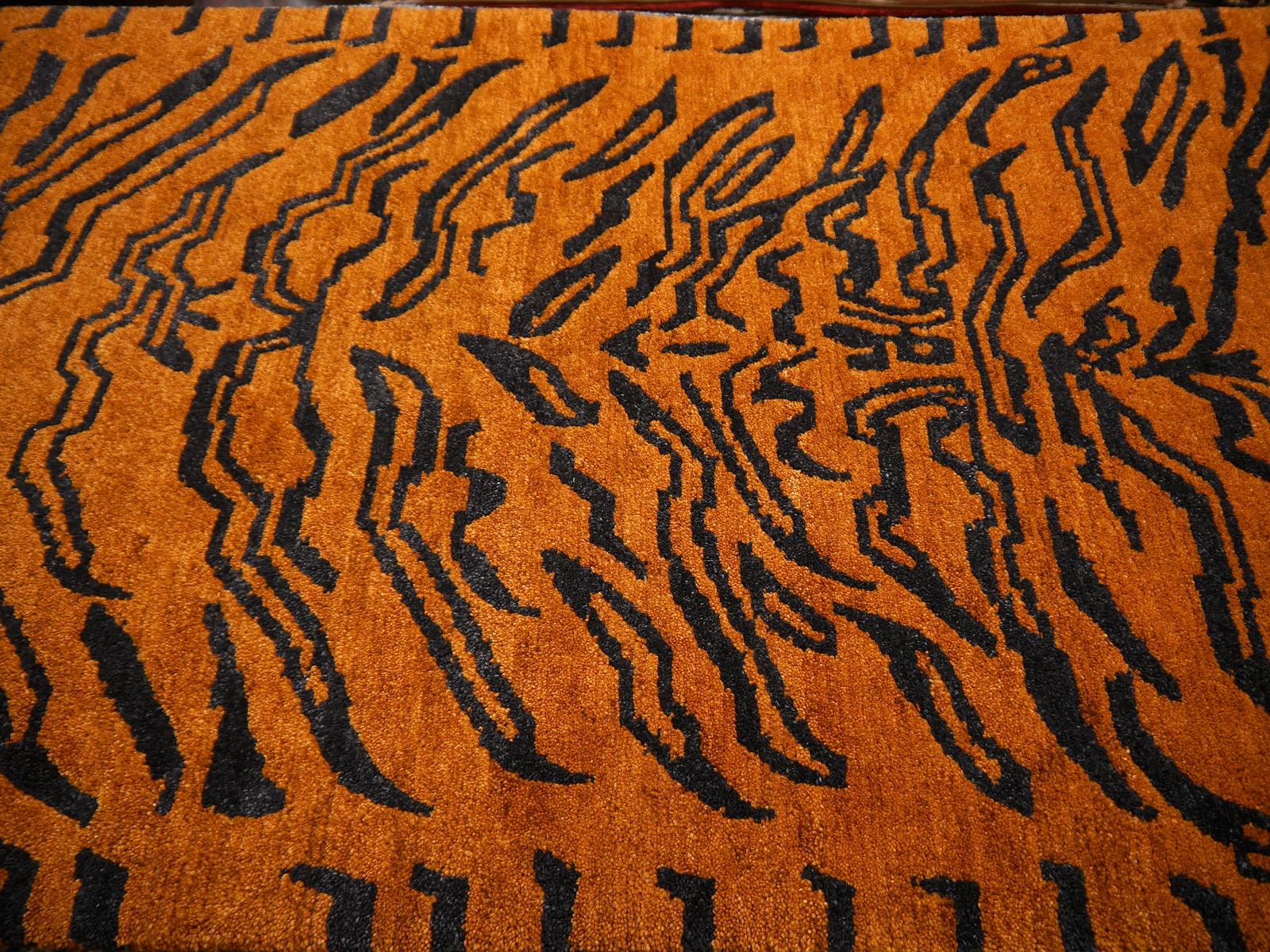 Tibetan Tiger Rug Pure Wool Hand Knotted Amber Charcoal by Djoharian Collection For Sale 4
