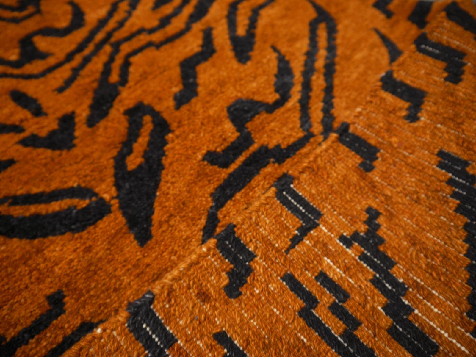 Tibetan Tiger Rug Pure Wool Hand Knotted Amber Charcoal by Djoharian Collection For Sale 5