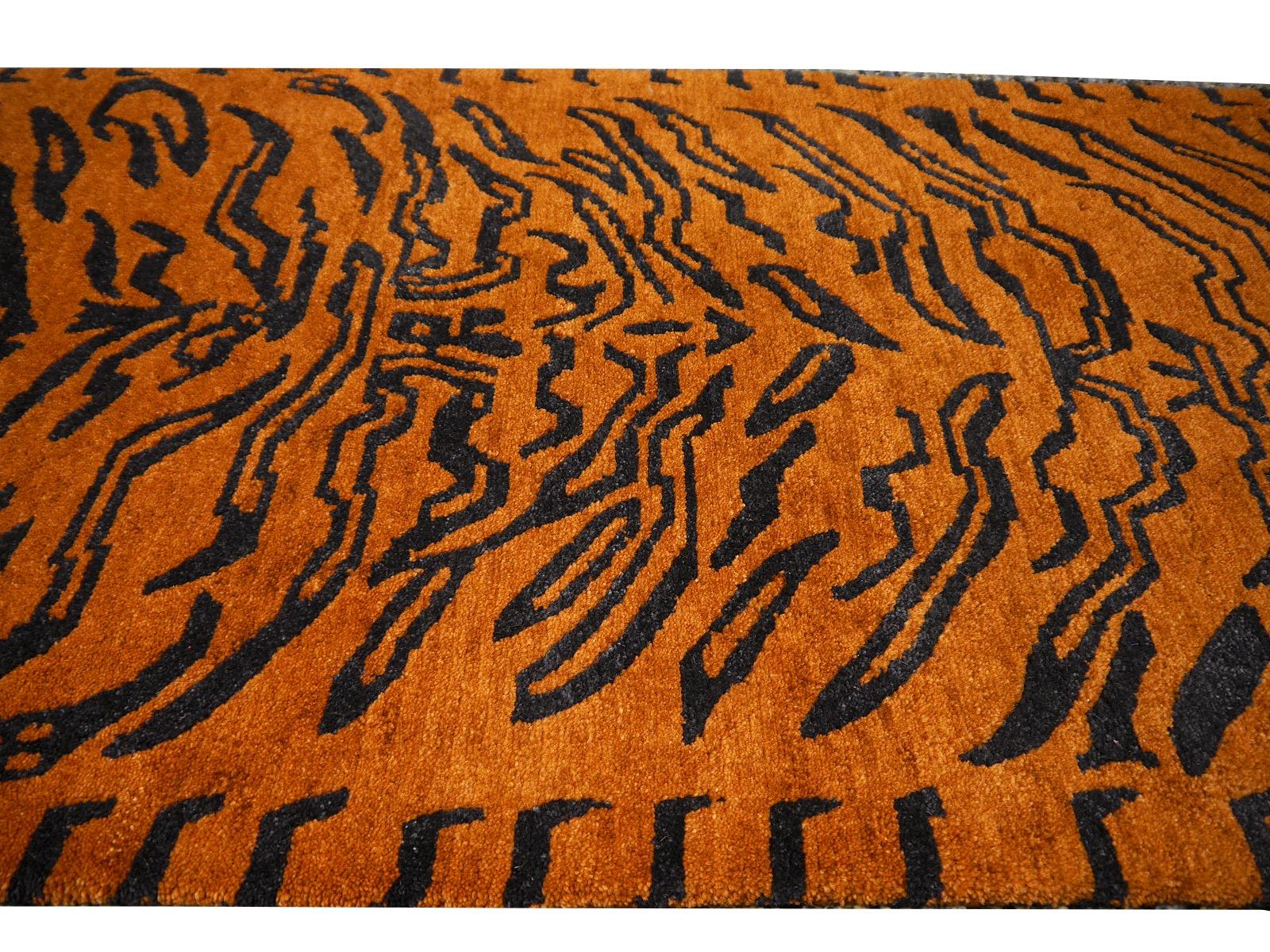 Art Deco Tibetan Tiger Rug Pure Wool Hand Knotted Amber Charcoal by Djoharian Collection For Sale
