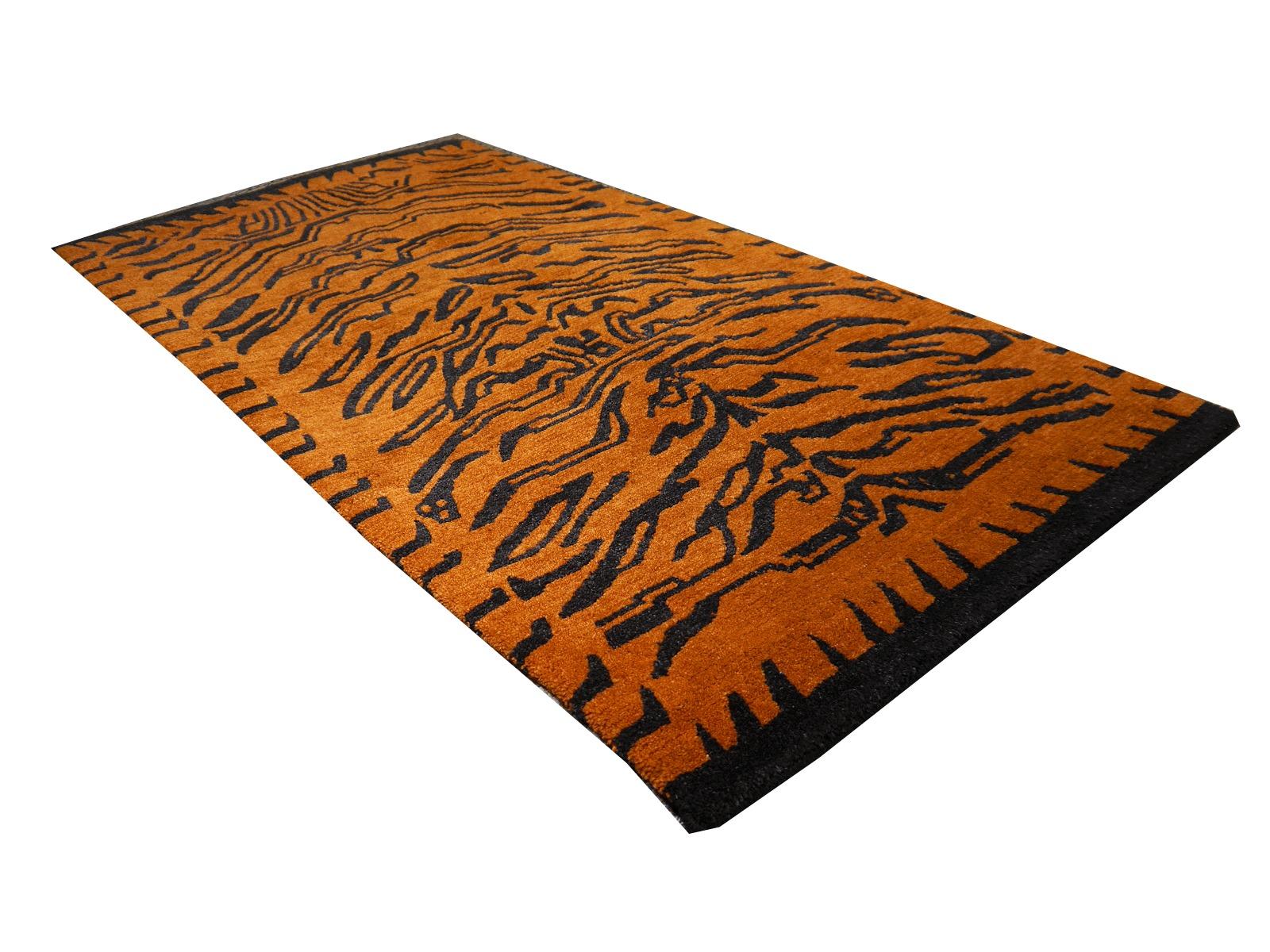 Nepalese Tibetan Tiger Rug Pure Wool Hand Knotted Amber Charcoal by Djoharian Collection For Sale
