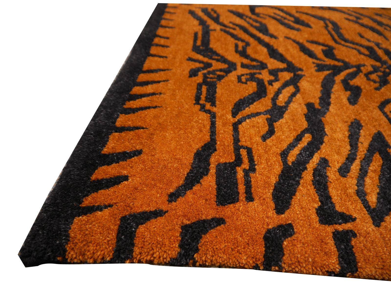 Hand-Knotted Tibetan Tiger Rug Pure Wool Hand Knotted Amber Charcoal by Djoharian Collection For Sale