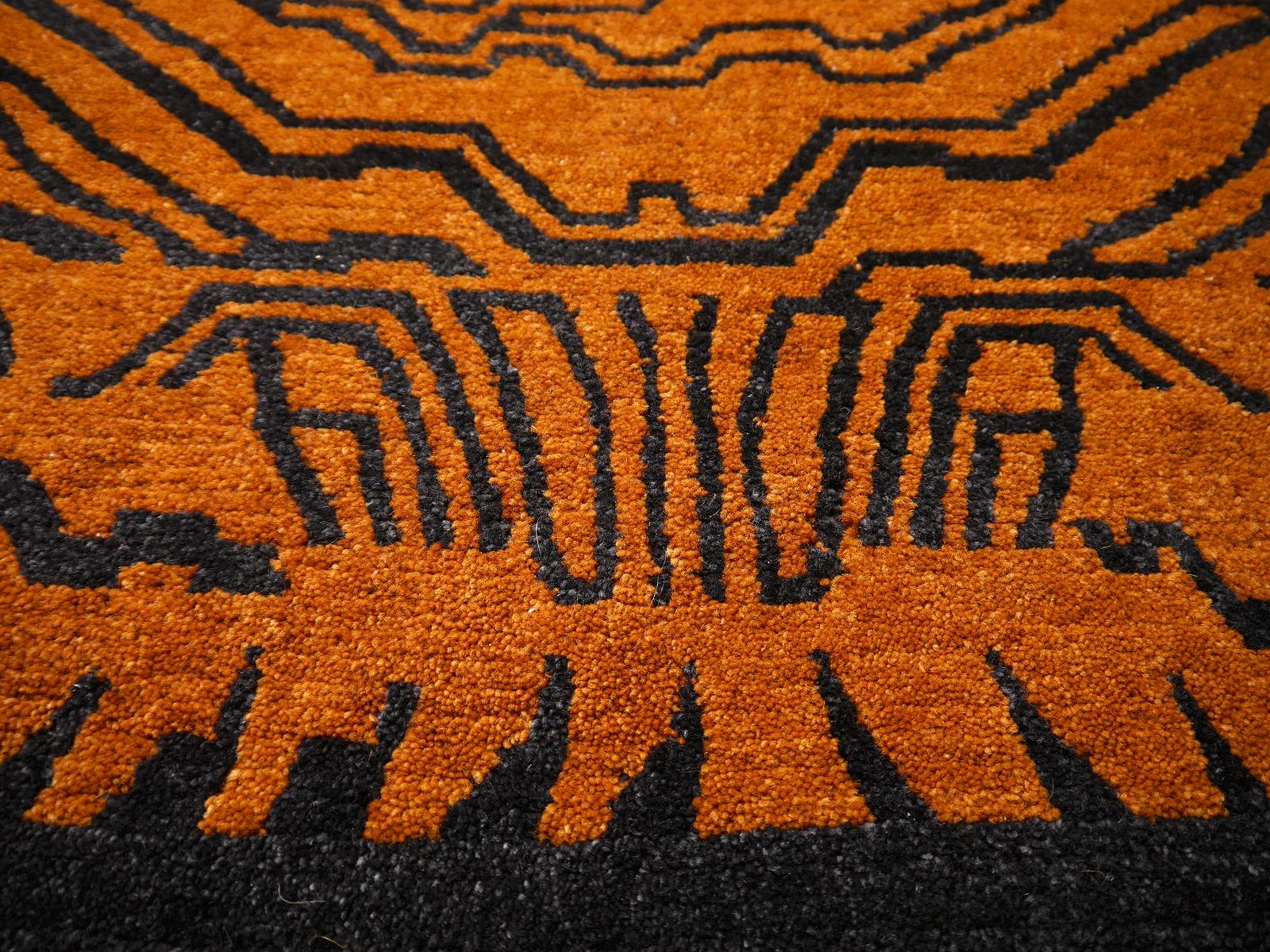 Contemporary Tibetan Tiger Rug Pure Wool Hand Knotted Amber Charcoal by Djoharian Collection For Sale